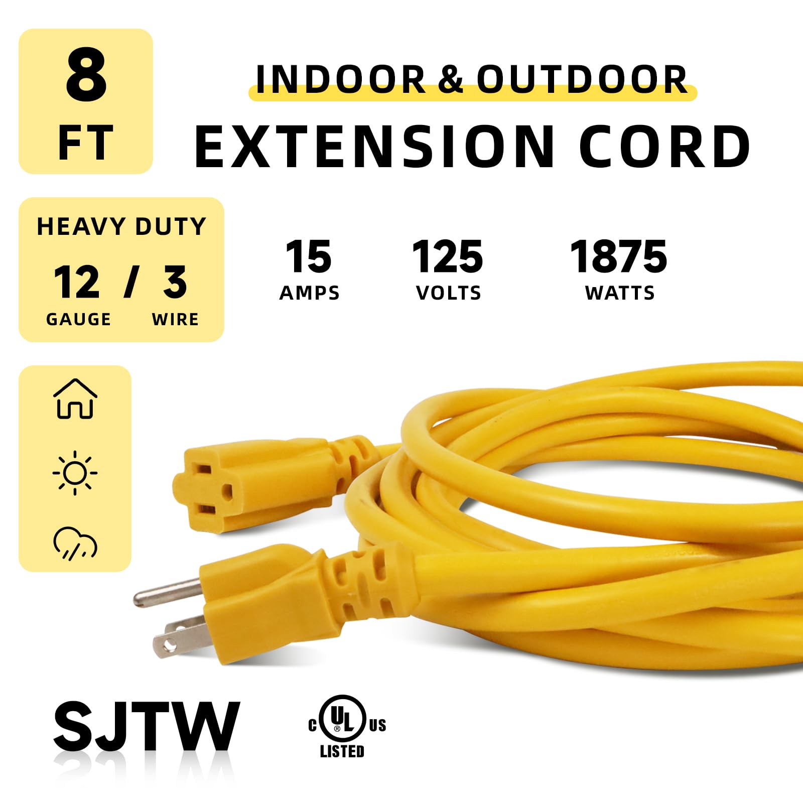 Ep 8 Ft Outdoor Extension Cord, 12/3 Sjtw Heavy Duty Extension Cable With 3 Prong Grounded Plug, 15 Amp Power Cord For Lawn, Gar
