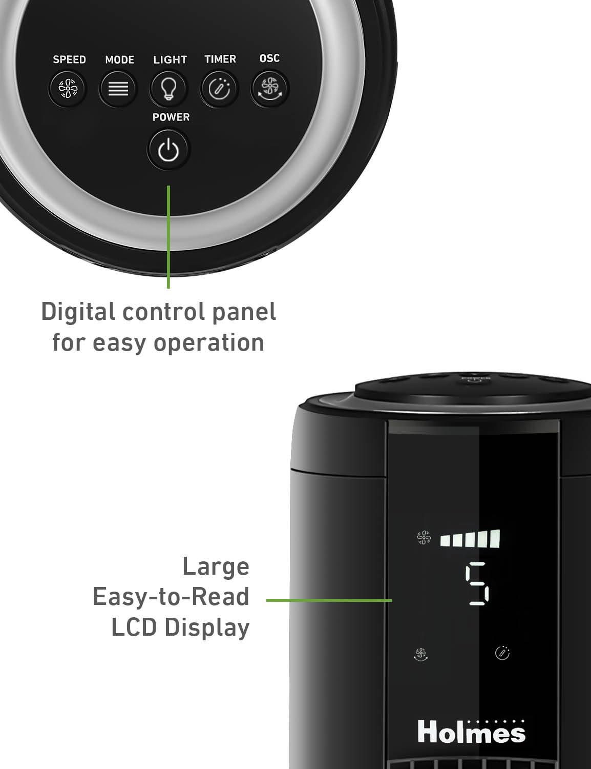 Holmes 42 Digital Tower Fan With Accent Light, Clearread Display, High/Low Brightness Level, 90 Oscillation, 5 Speeds, 4 Modes,