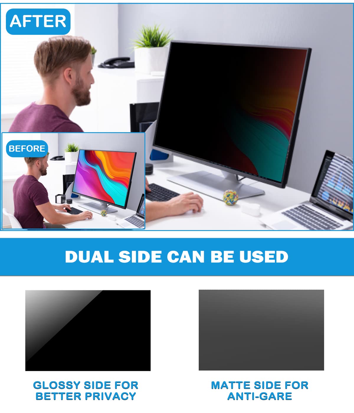 Filmext Computer Privacy Screen 22 Inch Removable Privacy Shield Anti Glare Monitor Protector, Blue Light Reduction Filter, Data