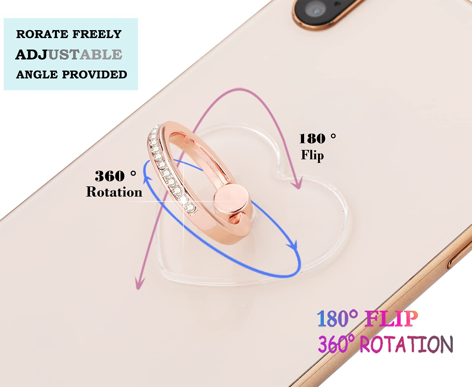 Lenoup Transparent Heart Cell Phone Ring Holder Kickstand,Bling Bling Sparkle Diamond Clear Heart Cell Phone Finger Ring Grip St