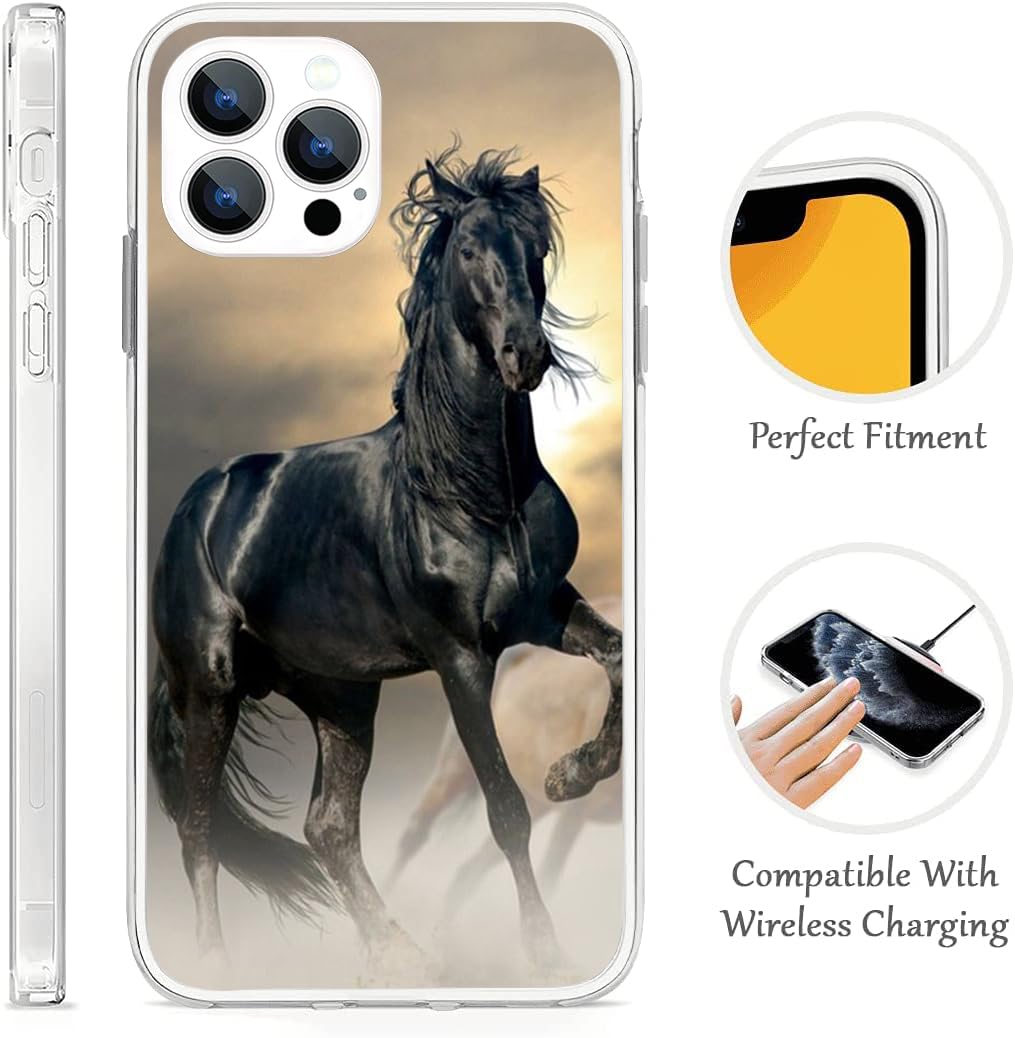Hanlinzhiya Compatible With Iphone 16 Pro Case, Black Horse Cool Animal Horse Design Drop Protection Slim Shockproof Tpu Clear C