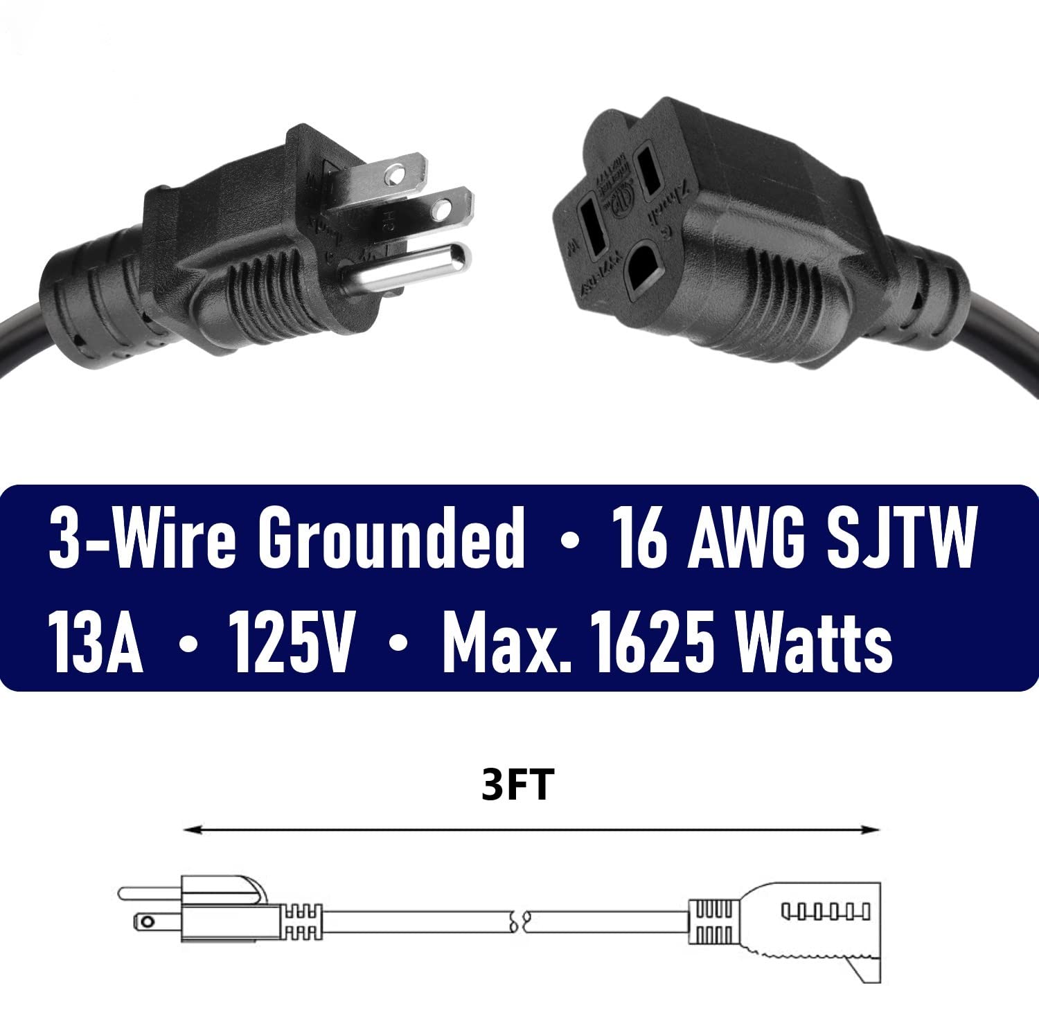 16 Sjtw Awg Heavy Duty Power Cord 3 Prong Extension Cord, Nema 5 15P To Nema 5 15R, Power Cable For Indoor And Outdoor Use, Blac