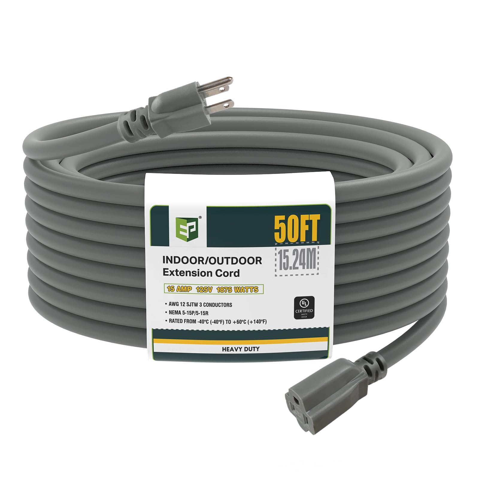 Ep 50 Ft Outdoor Extension Cord, 12/3 Sjtw Heavy Duty Extension Cable With 3 Prong Grounded Plug, 15 Amp Power Cord For Lawn, Ga