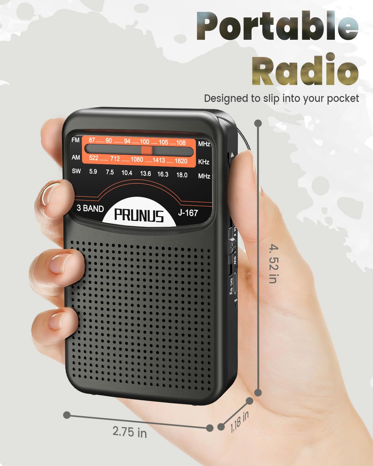 Prunus Portable Radio Am Fm With Rechargeable Battery, Earphone Jack, Handheld Radio, Excellent Reception, Knob Easy To Use, Tan