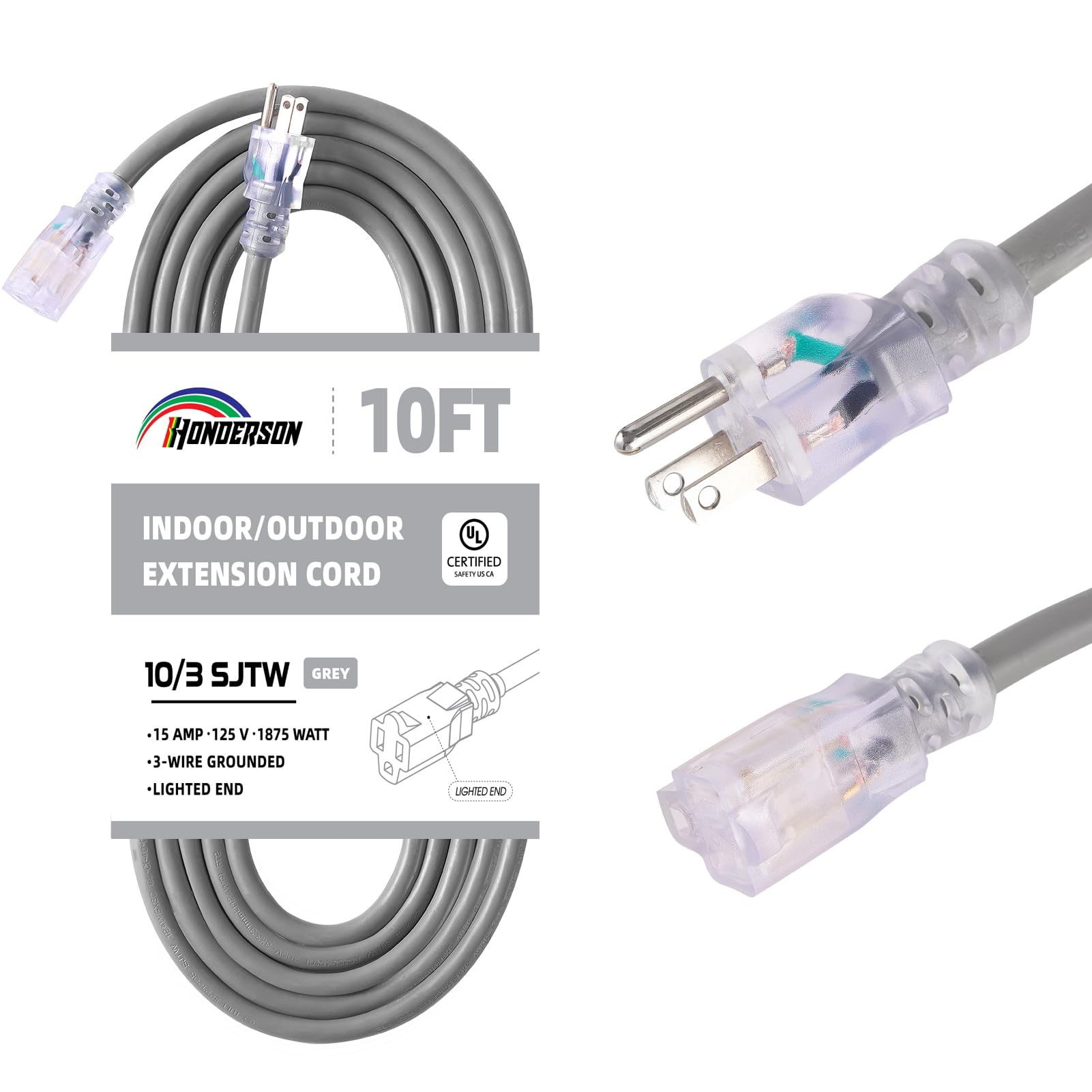 Honderson Indoor Outdoor Extension Cord Weatherproof With Lighted End, Ul Listed, 10 Gauge 10Ft Grey 3 Prong Heavy Duty Extensio