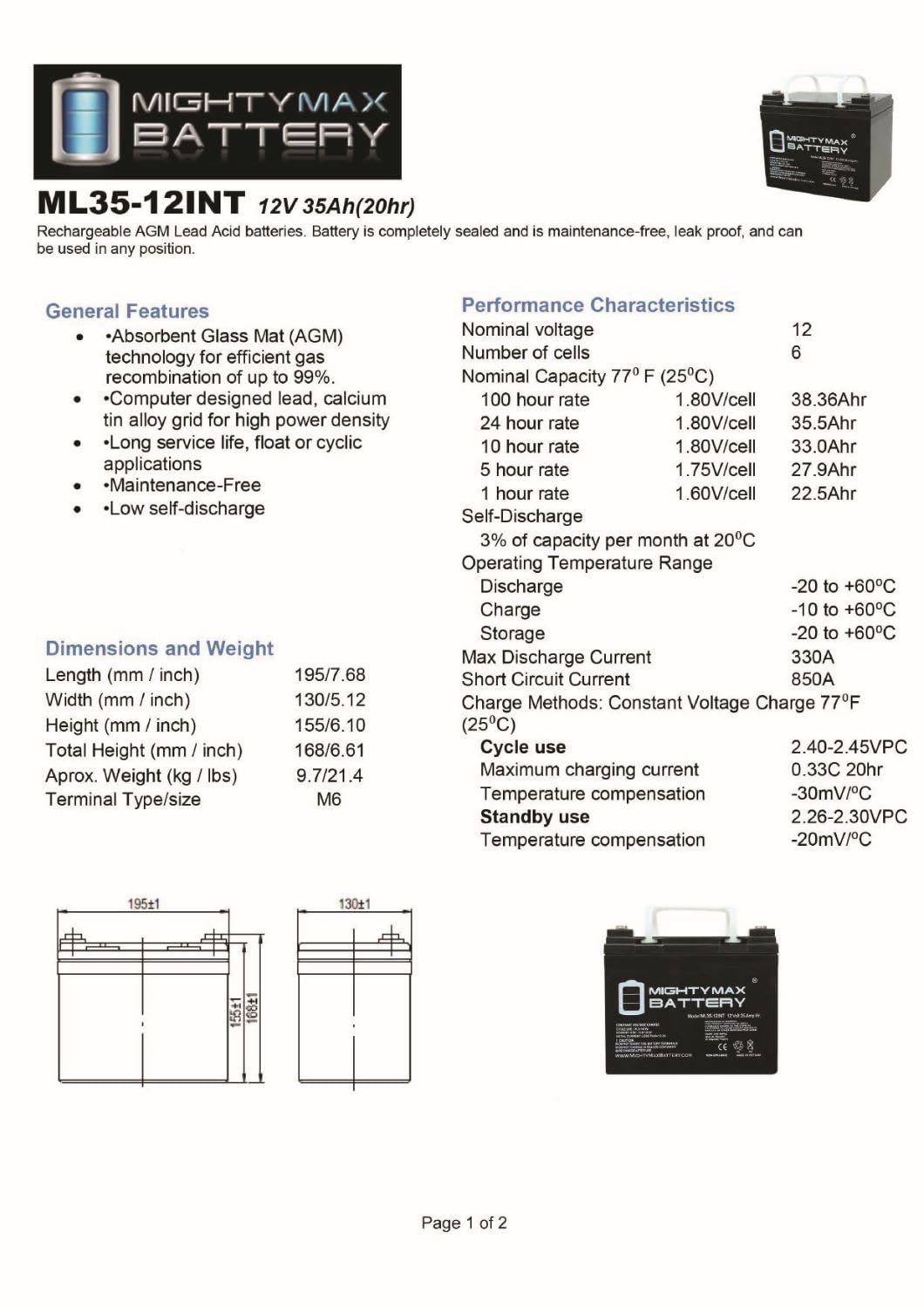 Mighty Max Battery Ml35-12Int - 12 Volt 35 Ah, Internal Thread (Int) Terminal, Rechargeable Sla Agm Battery