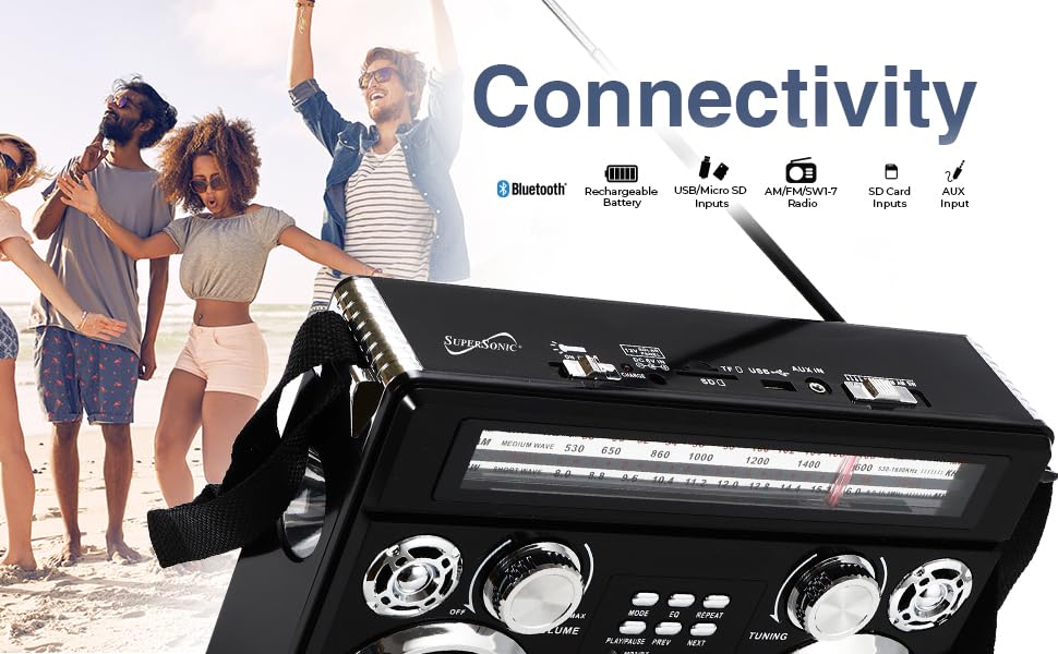 Supersonic Sc-1097Bt Portable 3 Band Radio With Bluetooth And Flashlight, M/Fm/Sw Receiver With Mp3 Playback, High Sensitivity,