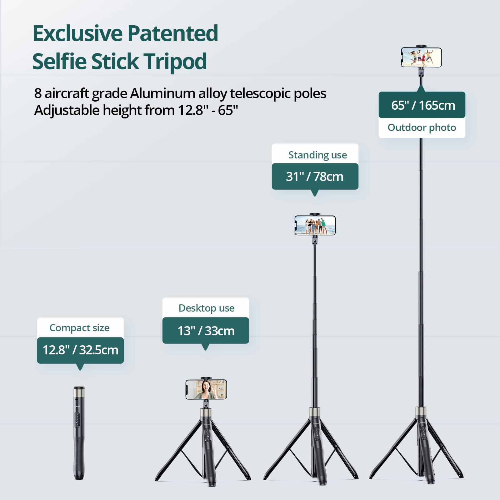 Atumtek 65'' Selfie Stick Tripod, All In One Extendable Phone Tripod Stand With Bluetooth Remote 360 Rotation For Iphone And And