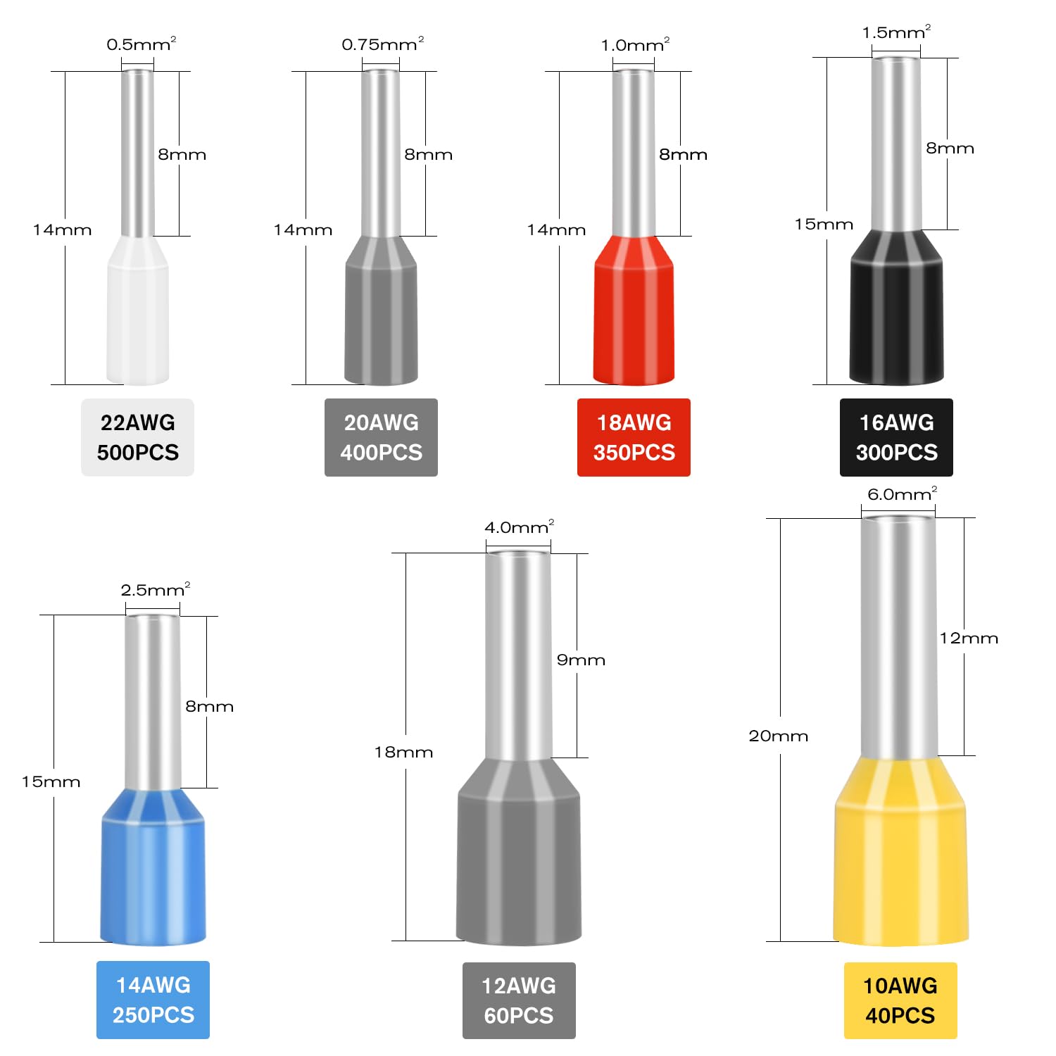 Nilight 1900Pcs Wire Ferrule Terminals Kit Awg 22 20 18 16 14 12 10 Gauge Wire Crimp Connectors Ferrule Nylon Insulated Pin Cord