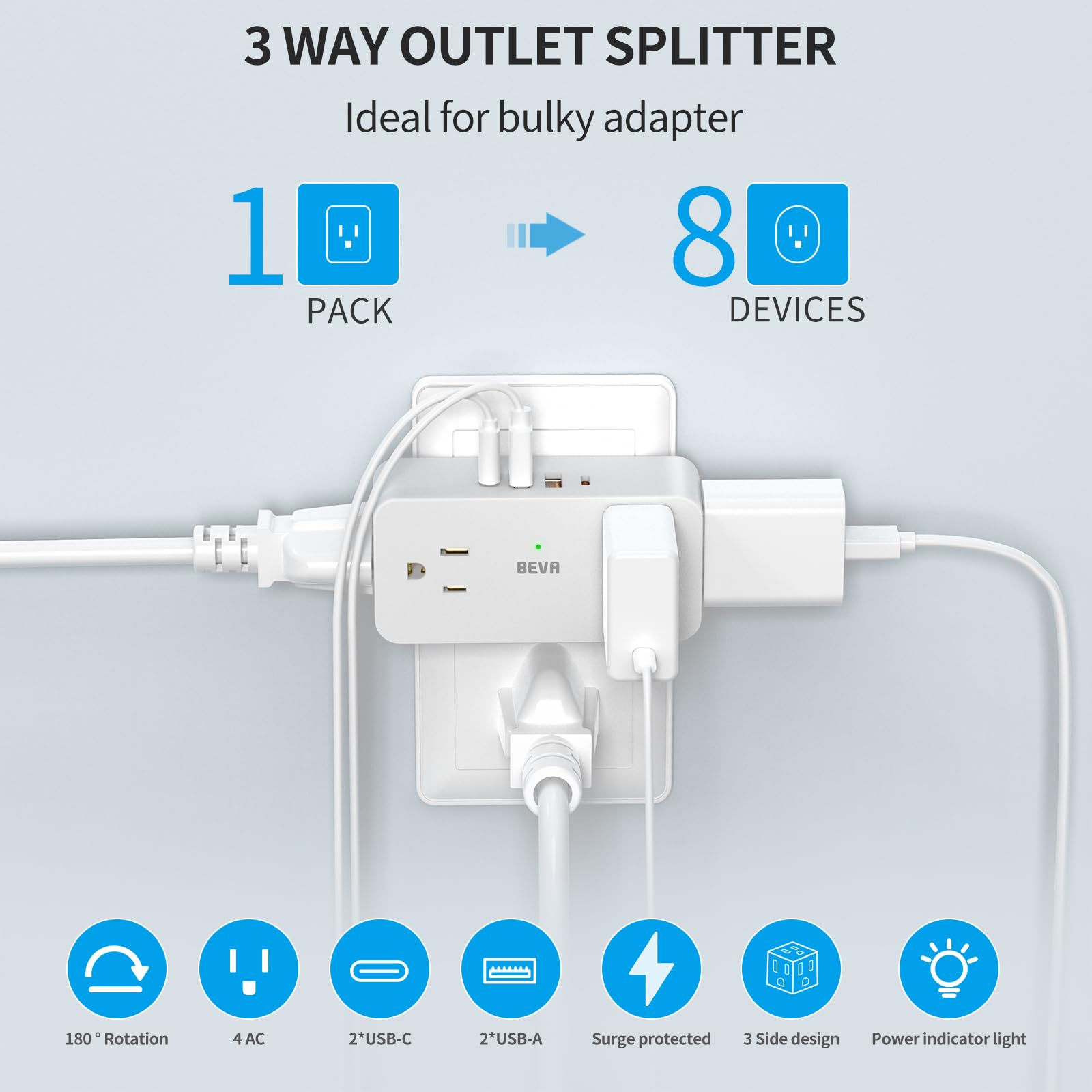 Beva Multi Wall Outlet Extender   With Rotating Plug Adapter, Rotating Outlet Adapter 4Ac And 4 Usb Ports (2 Usb C), Outlet Spli