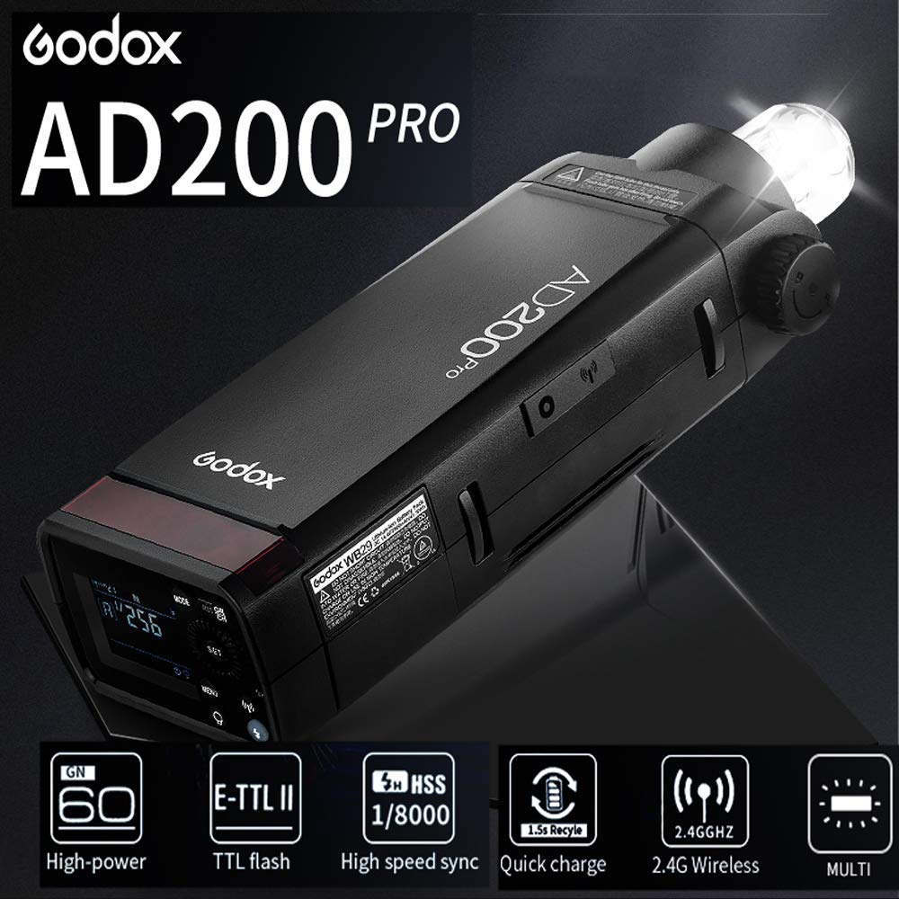 Godox Ad200 Pro Ad200Pro Flash Strobe, Ttl Pocket Flash Monolight, 200W 2.4G Speedlite Hss 1/8000S 2900Mah Li Ion Battery, 500 F