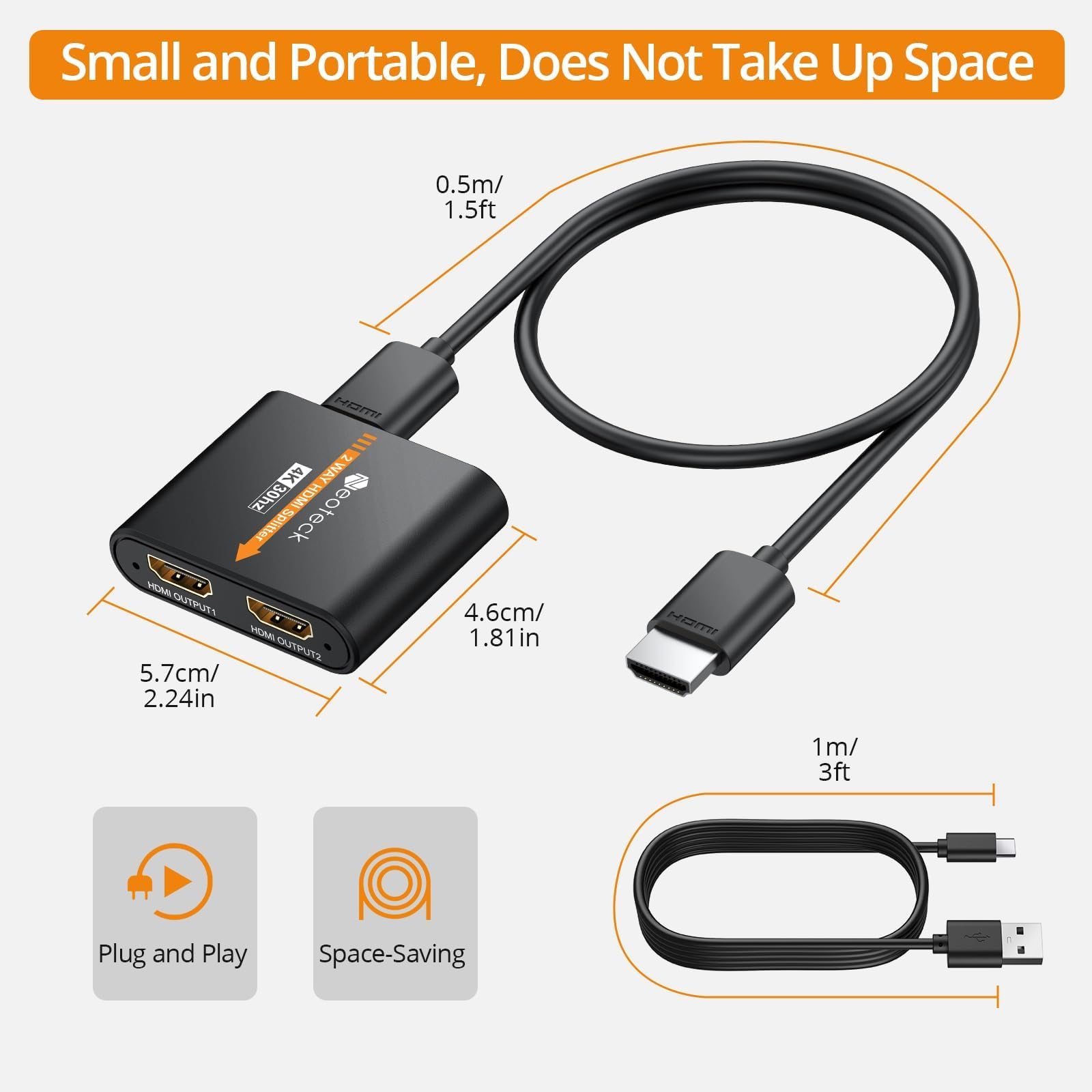 Neoteck 1 In 2 Out Hdmi Splitter, 1X2 Hdmi Splitter For Dual Monitors Duplicate/Mirror Supports 3D And 4K X 2K(30Hz) Audio Video