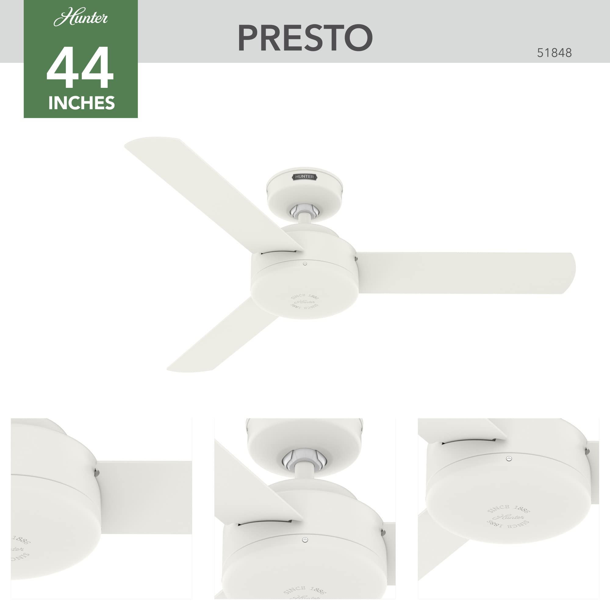 Hunter Fan Company 51848 Presto Ceiling Fan, Matte White, 10.09X44X44