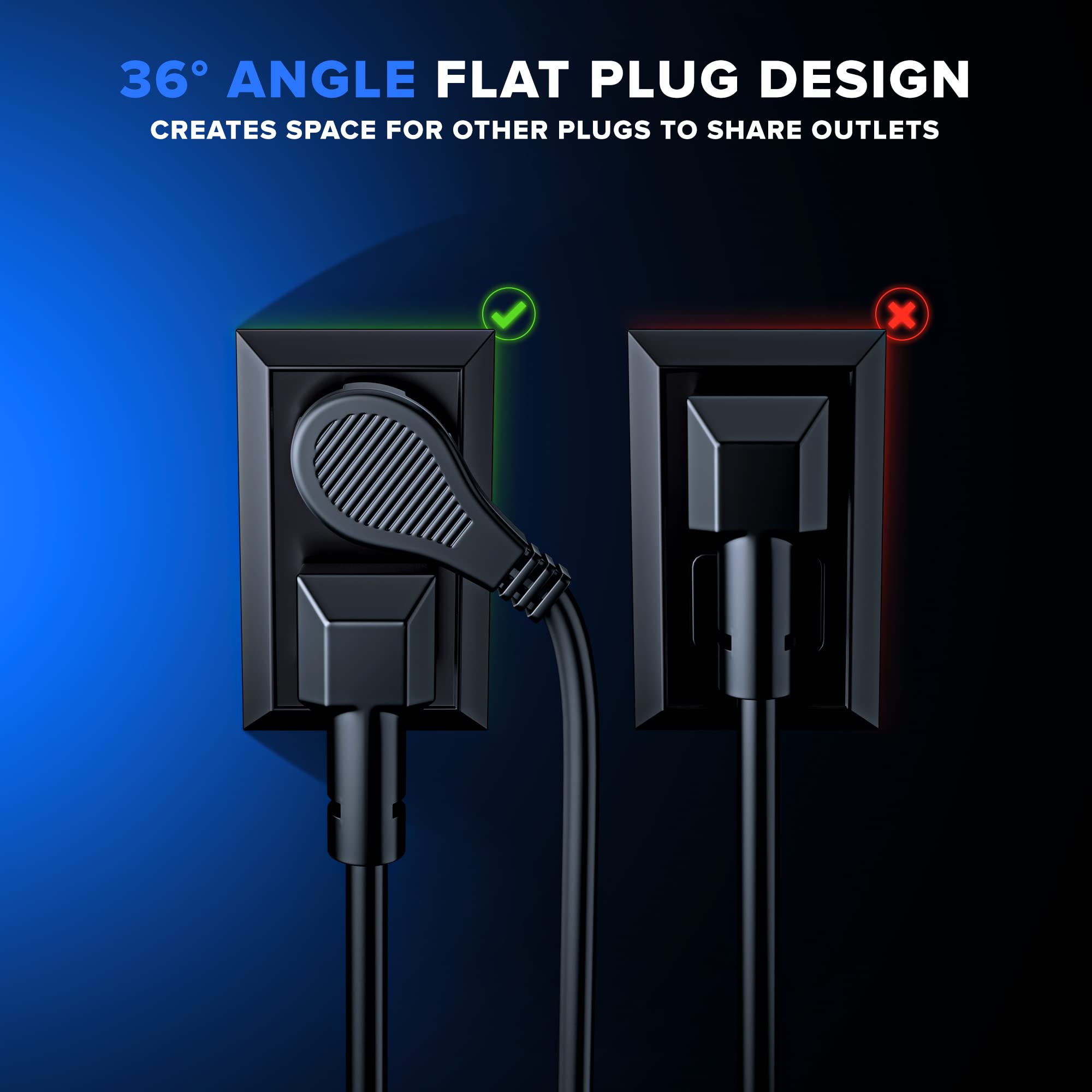 Maximm Flat Plug Extension Cord 3 Ft With Slim Space Saving Plug Design, Low Profile Extension Cord 16Awg (Black, 2 Pack)