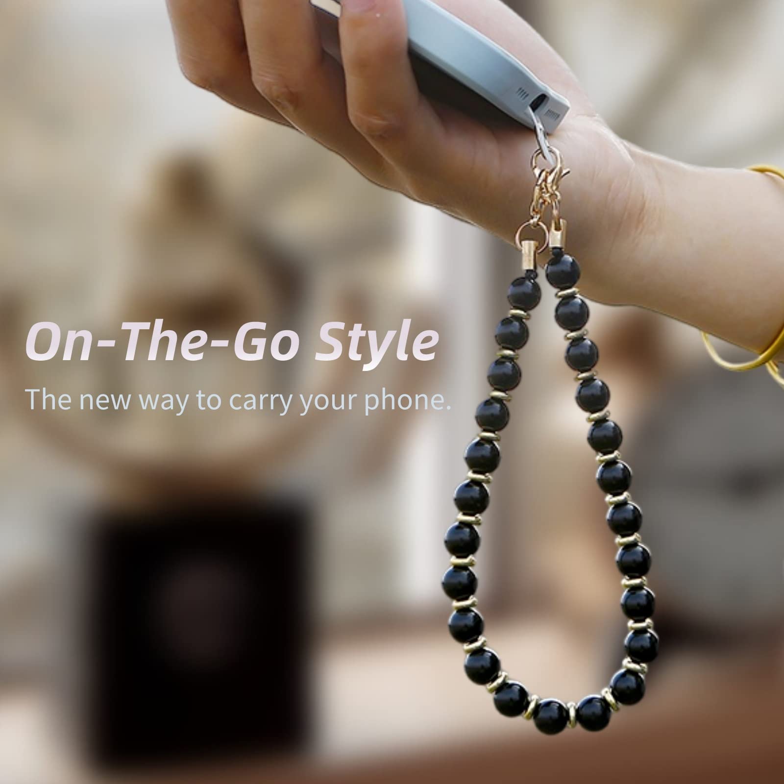 Lostars Marble Beaded Iphone Wrist Strap,Detachable Phone Bracelet Strap With Tether Tab,Hands Free Phone Wristlet Strap (Obsidi