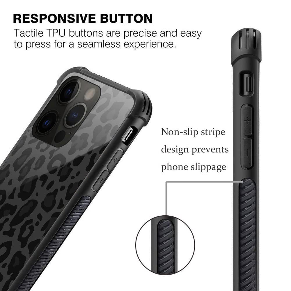ZHEGAILIAN iPhone 14 Pro Case Black Grey Leopard Organic Glass Rubber Bumper 6.1 inch