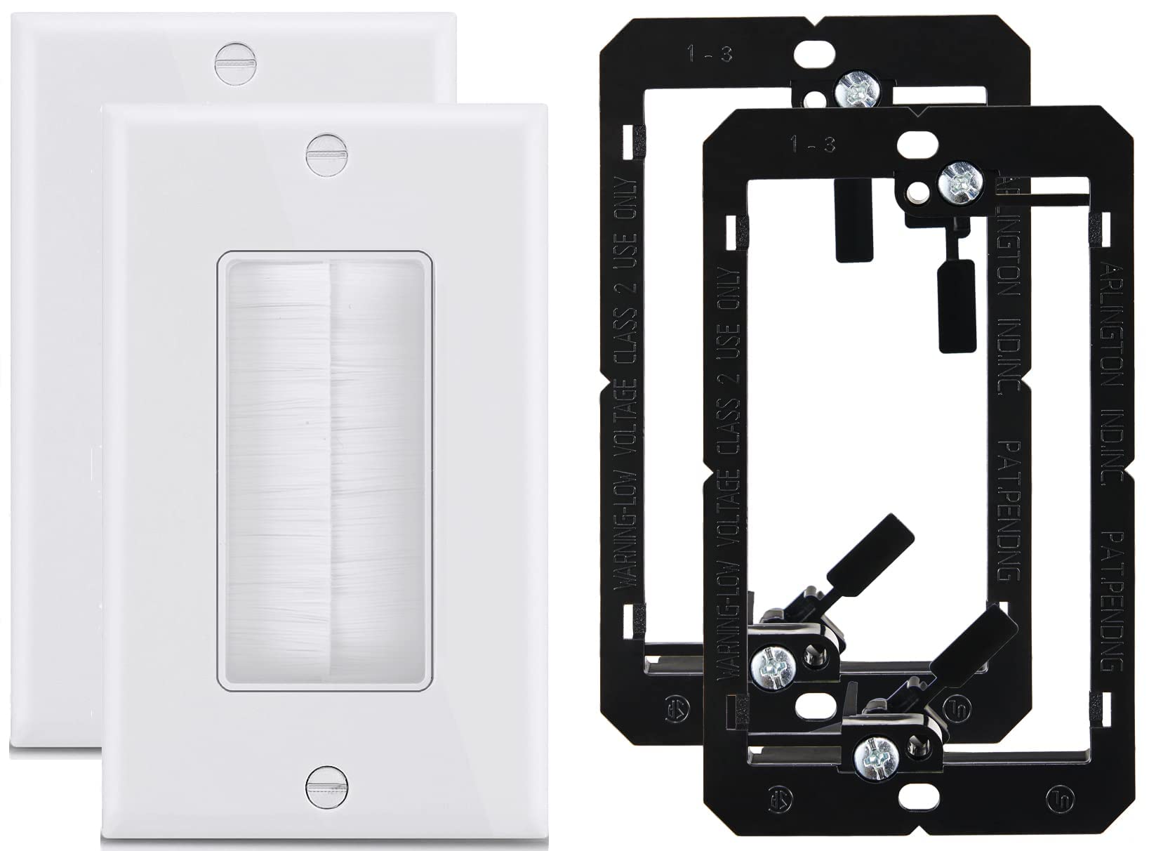 Sing Gang Brush Wall Plate With Low Voltage Mounting Bracket, 2 Pack, Pass Through Faceplate For Speaker Wire, Coaxial Cable, Hd