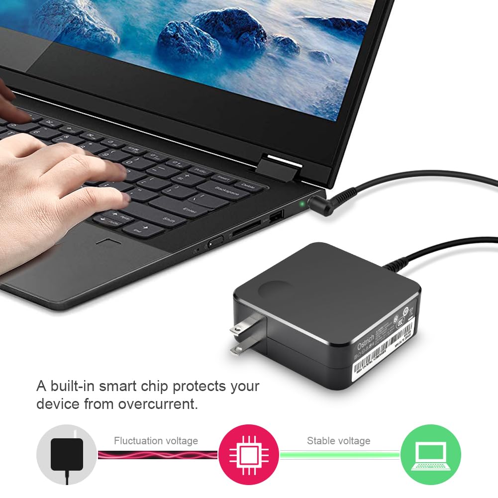 Ostrich Charger Compatible With Lenovo Laptop Computer 65W 45W Round Tip Power Supply Ac Adapter