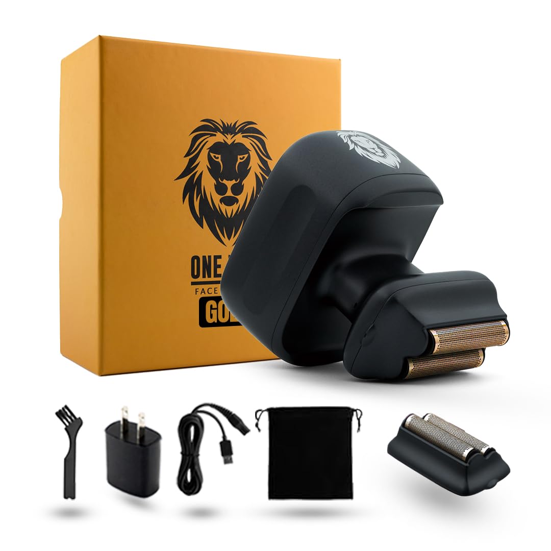 Skull Shaver One Lion Gold Pro Face Shaver For Men   Electric Shaver With Stepped Twin Foil, Ideal Holiday Gift For Men