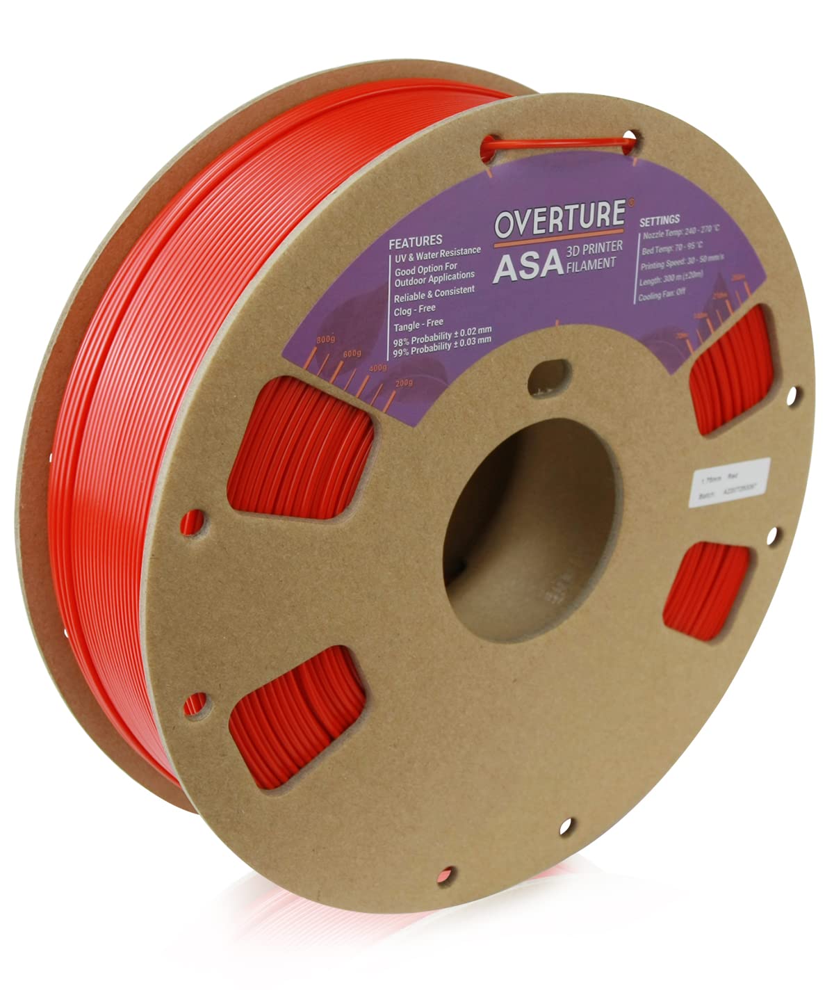 Overture Asa Filament 1.75Mm Premium Anti Uv 3D Printer Filament, 1Kg Spool (2.2Lbs), Dimensional Accuracy +/  0.03 Mm, Fit Most