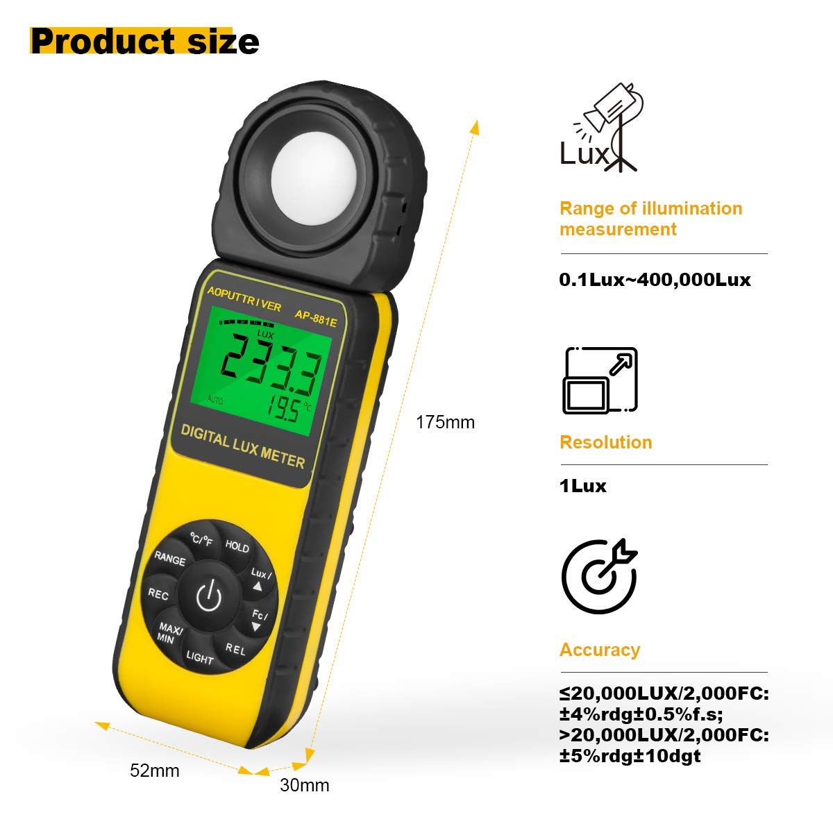 Light Meter, Lux Meter Ap 881E Light Meter For Pants With 0.01~300,000 Lux (0.01~30,000 Fc), Lux/Fc Unit, Max/Min, Back Light, D