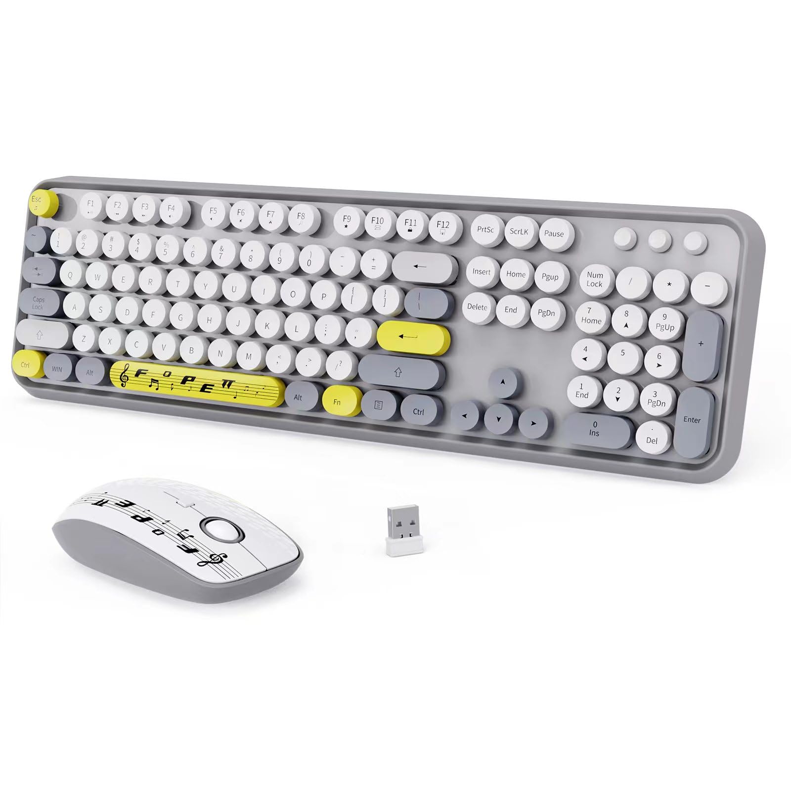 Wireless Keyboard Mouse Combo,Retro Typewriter Keyboard With Round Keycaps,2.4G Wireless Full Size Office Keyboard And Cute Mous