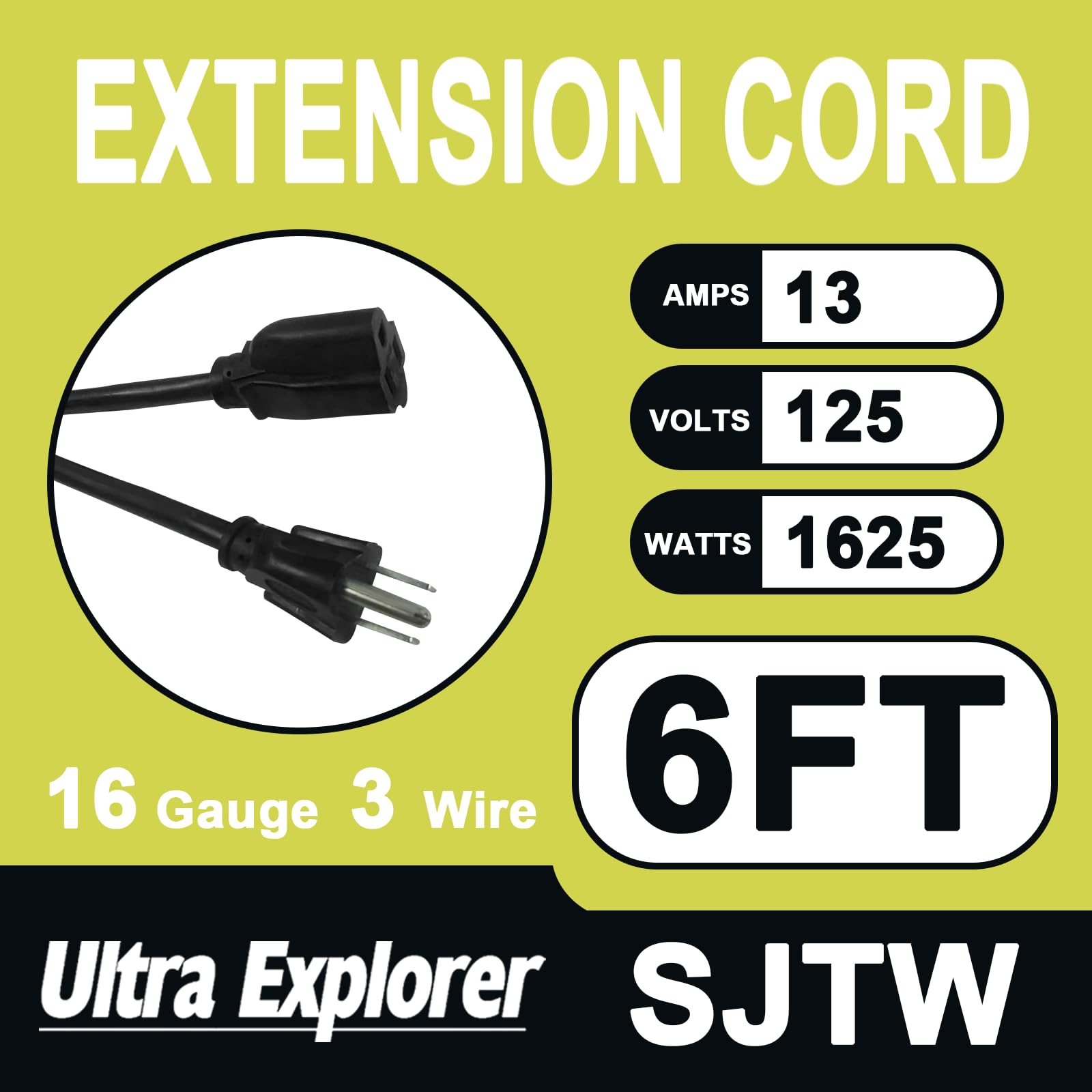 06 Ft 16/3 Indoor Extension Cord Waterproof   16 Gauge 3 Prong Electric Cord, Sjtw, 13A 1625W 125V, Grounded Plug Extension Wire