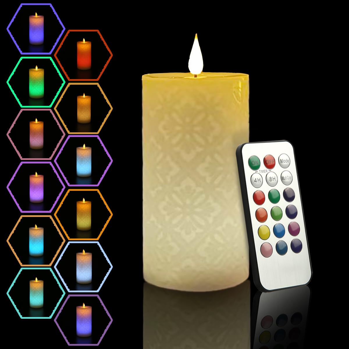 Niceme Led Multi Colored Flameless Candle With Remote Control Timer, 6'' Realistic Wax Color Changing Candle Battery Operated Wi
