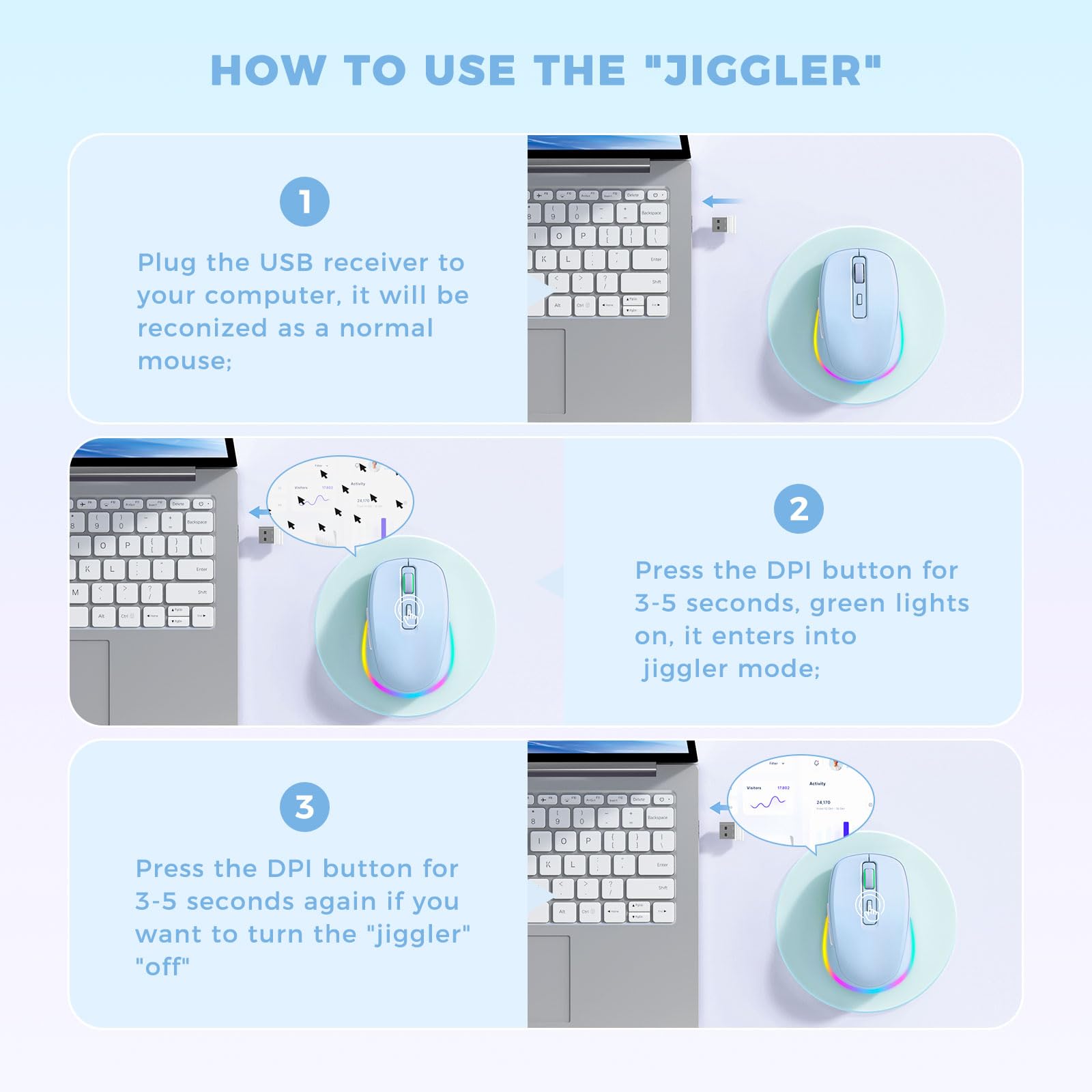 Peious Wireless Mouse Jiggler   Led Wireless Mice With Build In Mouse Mover, Rechargeable Moving Mouse For Laptop With Undetecta