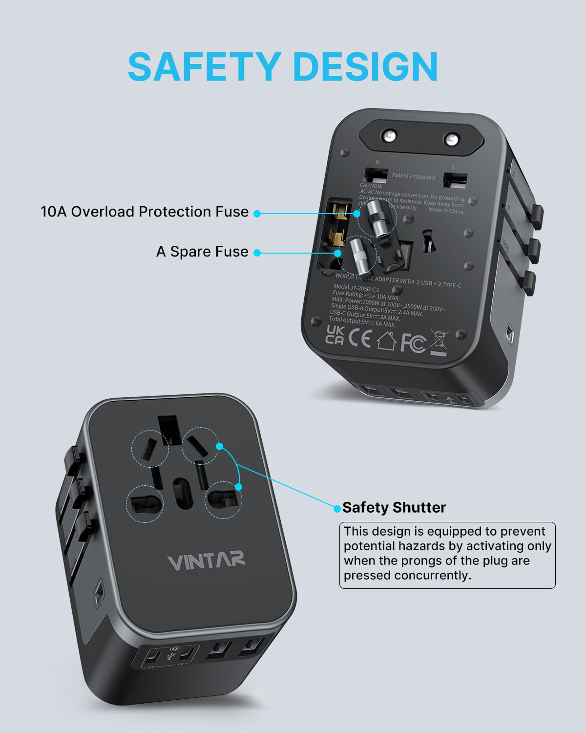 Universal Travel Adapter, Vintar International Power Adapter With 6A 3 Usb C And 2 Usb Ports, All In One Travel Essentials Plug