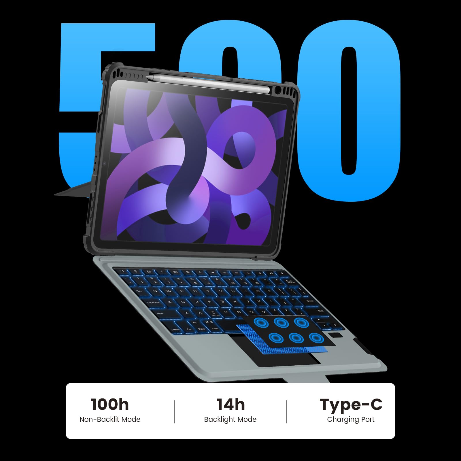 Nillkin Ipad Air 5Th Generation Case With Keyboard Backlight, Detachable Kickstand,Pencil Holder, Trackpad, Backlit Laptop Style