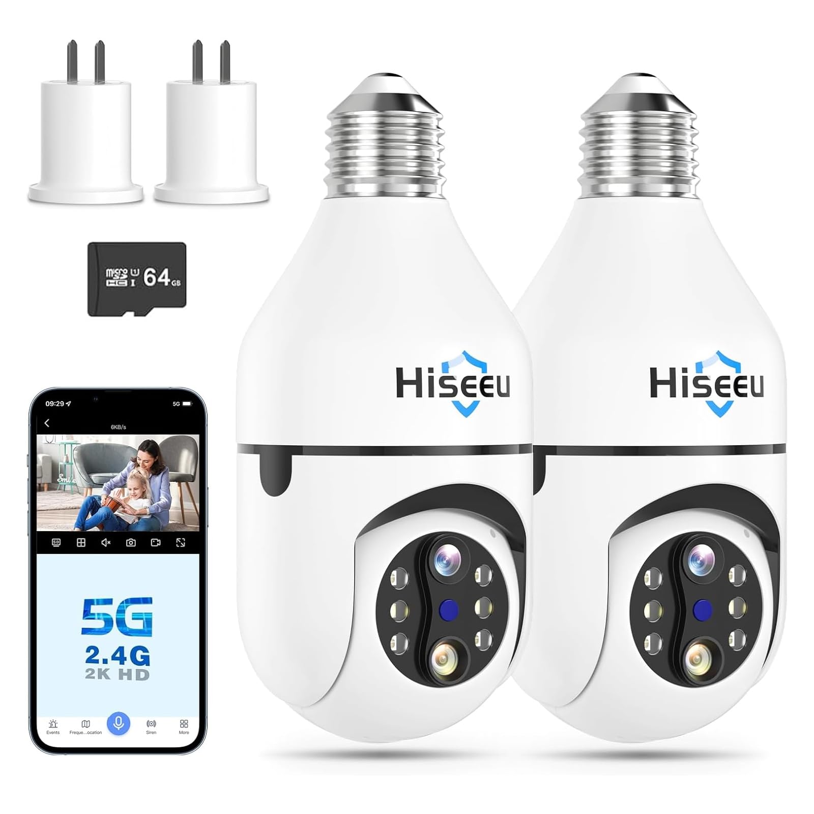 Hiseeu Light Bulb Security Camera Wireless Wifi 5G&2.4Ghz,10X Zoom Dual Lens Ptz Light Socket Security Camera, 2 Way Audio, Auto