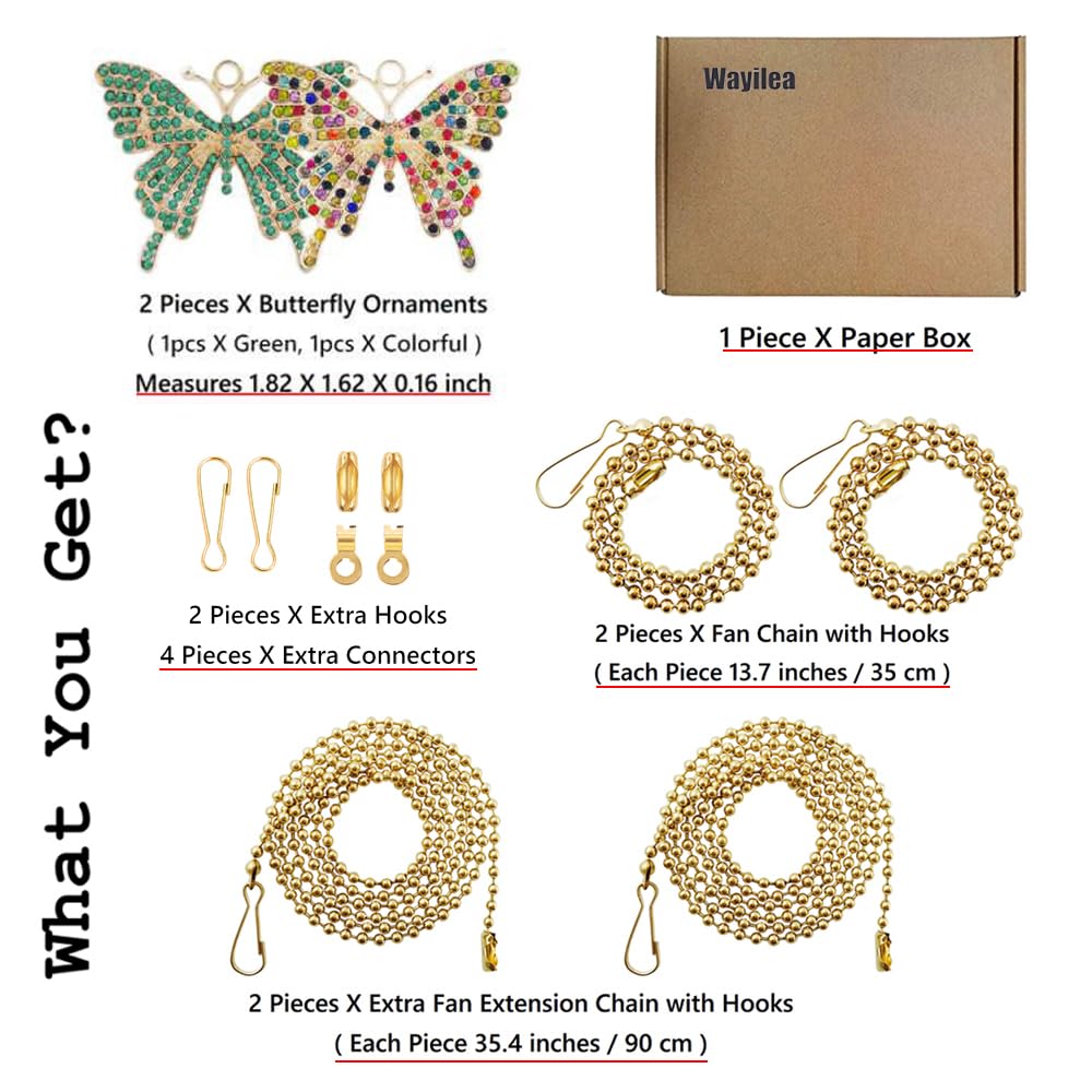 Wayilea Light Pull Chain Extender, Ceiling Fan Pull String Extension Cord, Decorative Crystal Rhinestone Butterfly Ornaments For