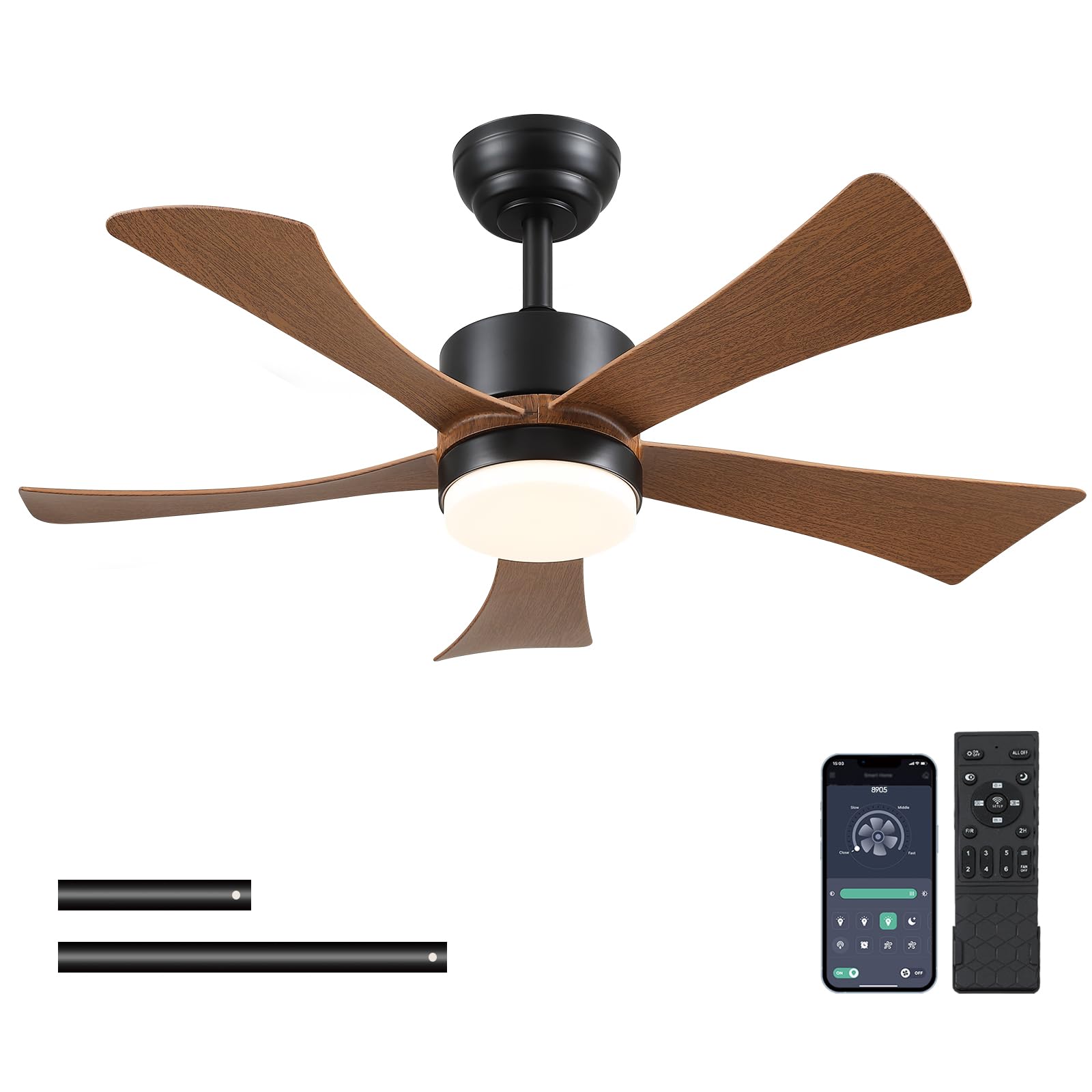 42 Inch Ceiling Fans With Lights, Modern Ceiling Fan With Remote Control App, Dc Motor Quiet, 3Cct Dimmable Memory, Led Sloped F