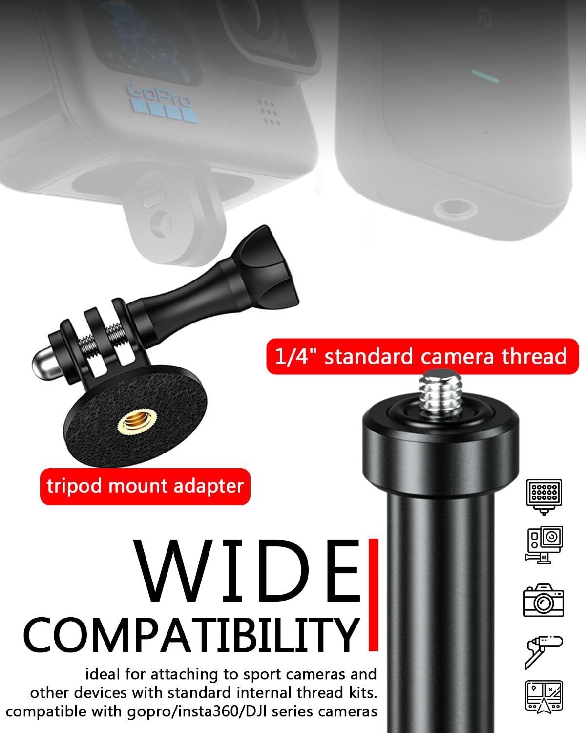 Motorcycle Action Camera Mount Kit For Gopro & Insta360, Aluminum Alloy Selfie Stick With Anti Theft Mounting Base, 360 Rotating