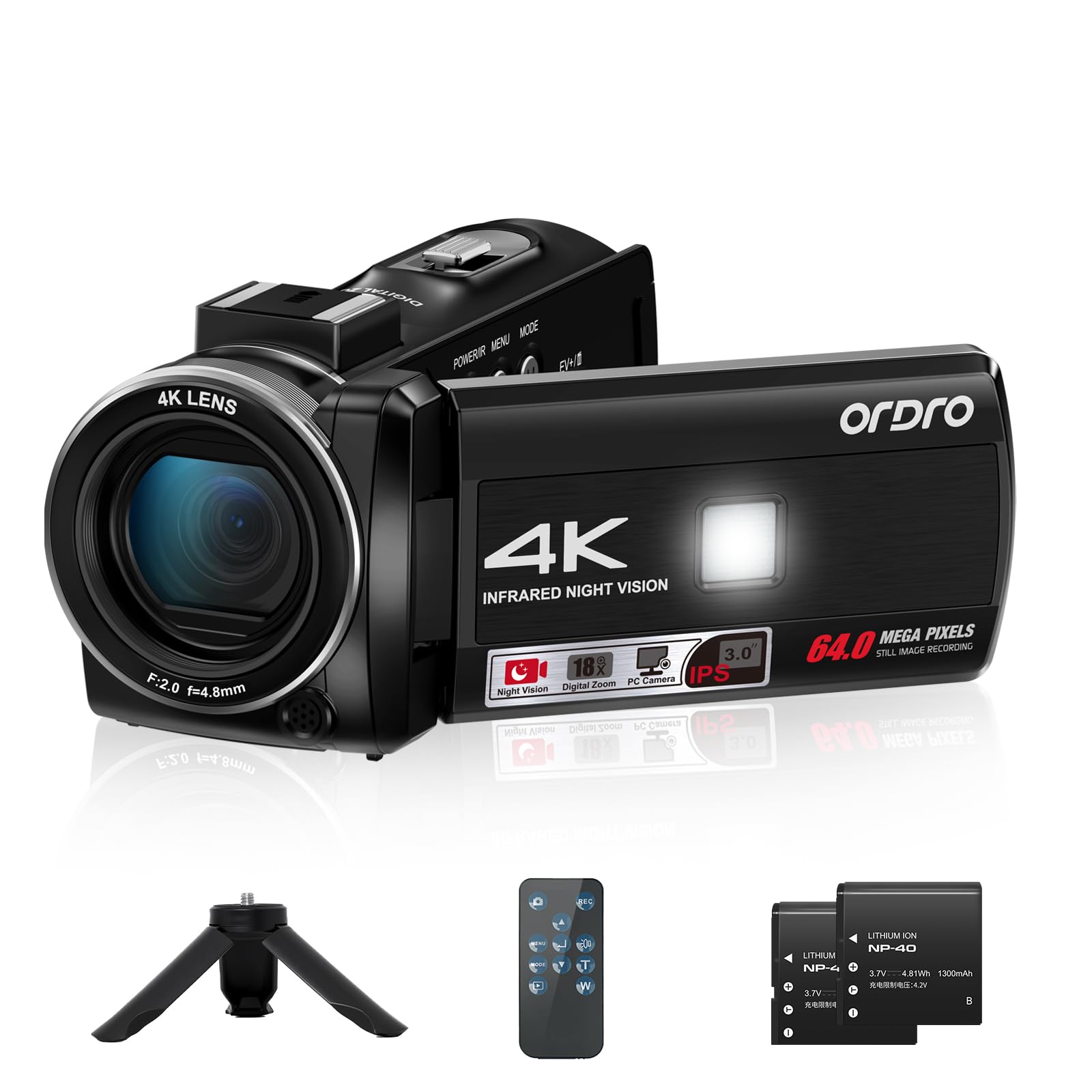 ORDRO Z36 Video Camera Camcorder 4K, 64MP Vlogging Camera for YouTube 18X Digital Zoom 3.0 Rotation Screen, IR Night Vision,Mini
