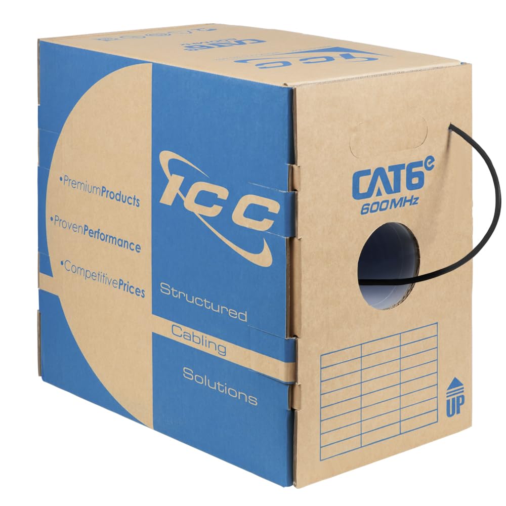 ICC Cat6e CMR Riser 1000ft   UTP 23AWG, 100% Solid Pure Copper, Unshielded, Bulk Ethernet Cable, PoE++, 600MHz, Reelex Pull Box, UL Certified, RoHS, TAA and NEC Compliant, Black