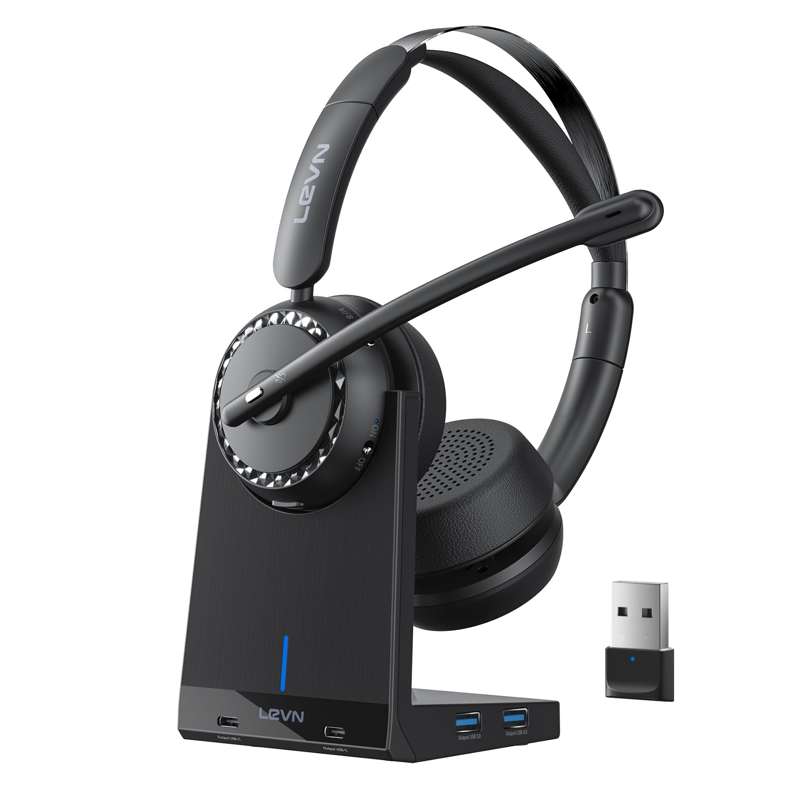 LEVN Wireless Headset, Wireless Headset with Mic for Work, AI Noise Cancelling, 65 Hrs Working Time, Bluetooth Headphones with M