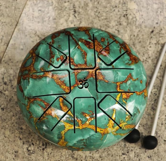 Steel Tongue Drum With Mandala Art, 2 Mallets And Carry Bag, Green 6 Inch