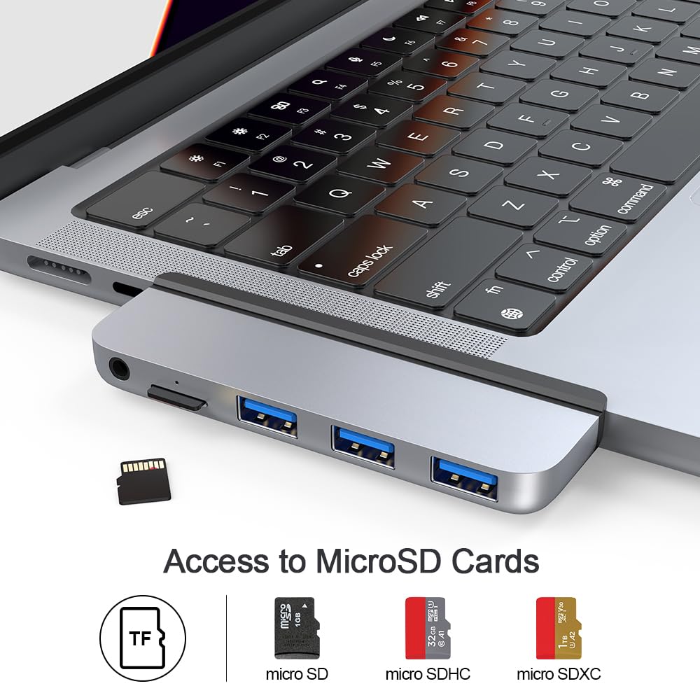 Qwiizlab Usb C Hub 5 In 1 Adapter, Usb 3.0 Data Port, Microsd Card Reader, 3.5Mm Audio Port For 2024/23/22/21 14/16 Inch Macbook