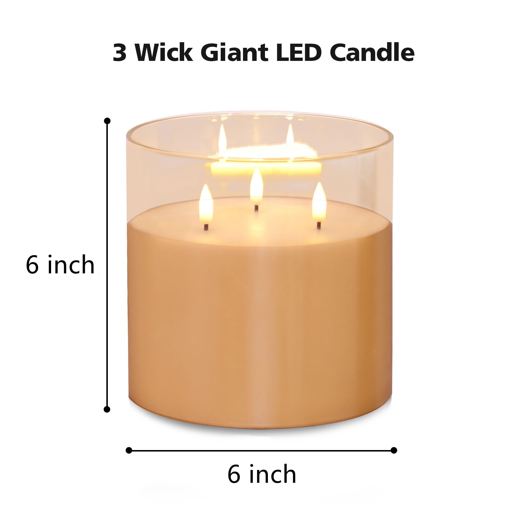 Eywamage 3 Wick Amber Glass Flameless Candle With Remote, Large Flickering Led Battery Pillar Candle F 6'' H 6''