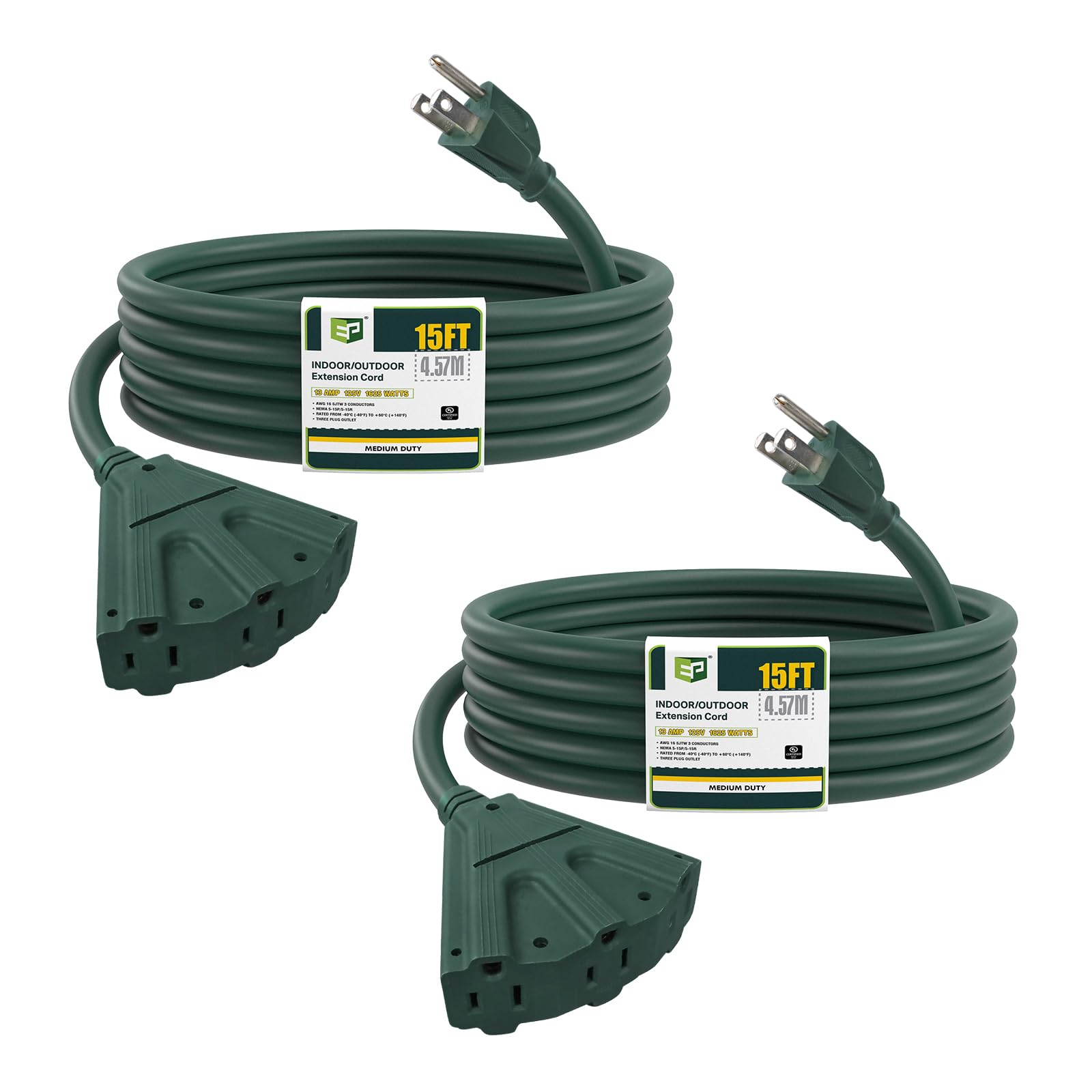 Ep 2 Pack 15 Ft Outdoor Extension Cord With 3 Electrical Power Outlets   16/3 Sjtw Green Cable With 3 Prong Grounded Plug For Sa
