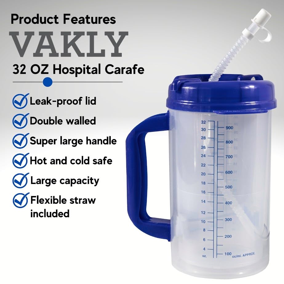 Vakly Hospital Carafe Insulated Double Walled Water Tracking Thermos   32 Oz Capacity Hot And Cold Refillable Water Bottle   Wit