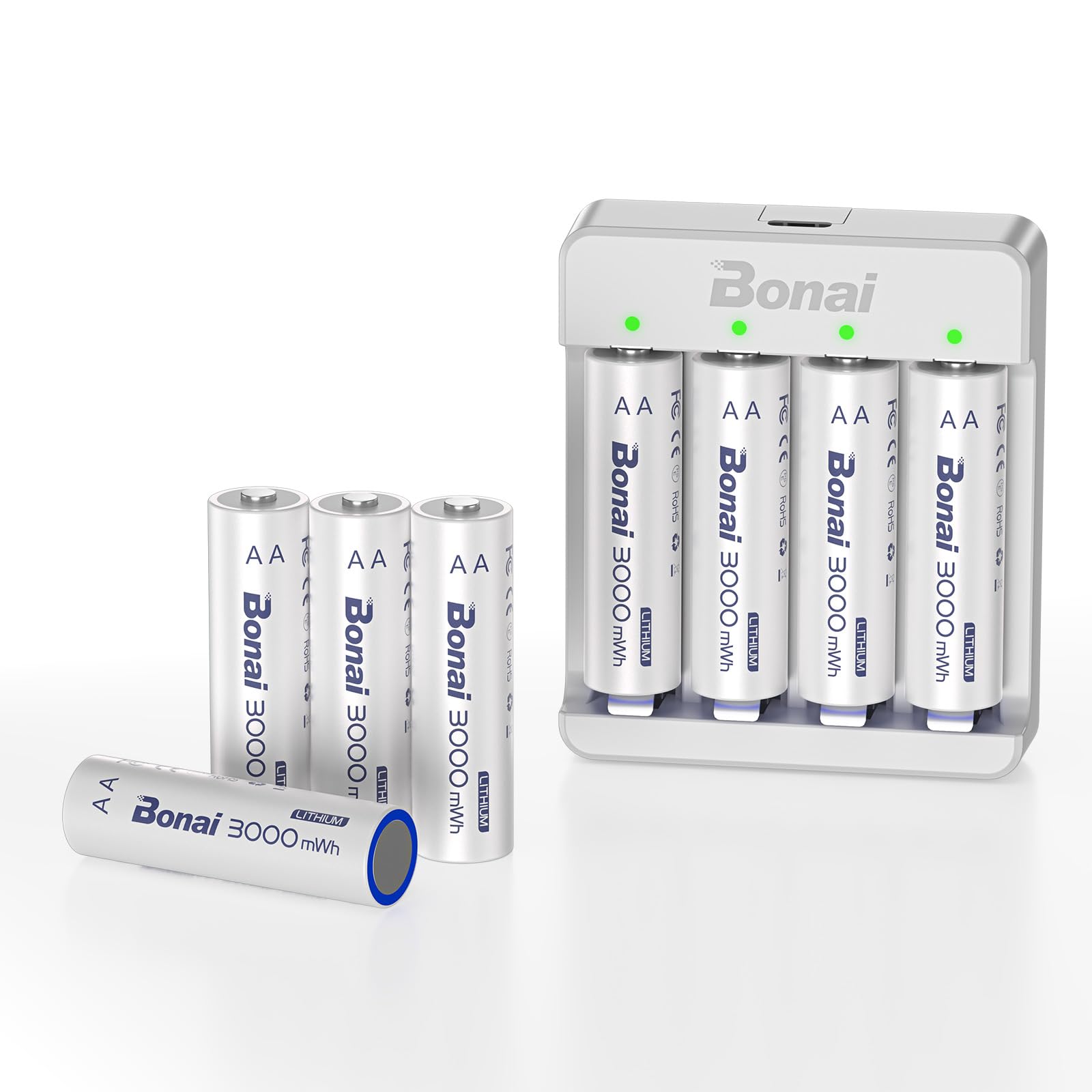 Bonai Rechargeable Lithium Aa Batteries With Charger, 3000Mwh 1.5V Aa Batteries For Blink Camera 8 Count With 2H Fast Charge  Wh