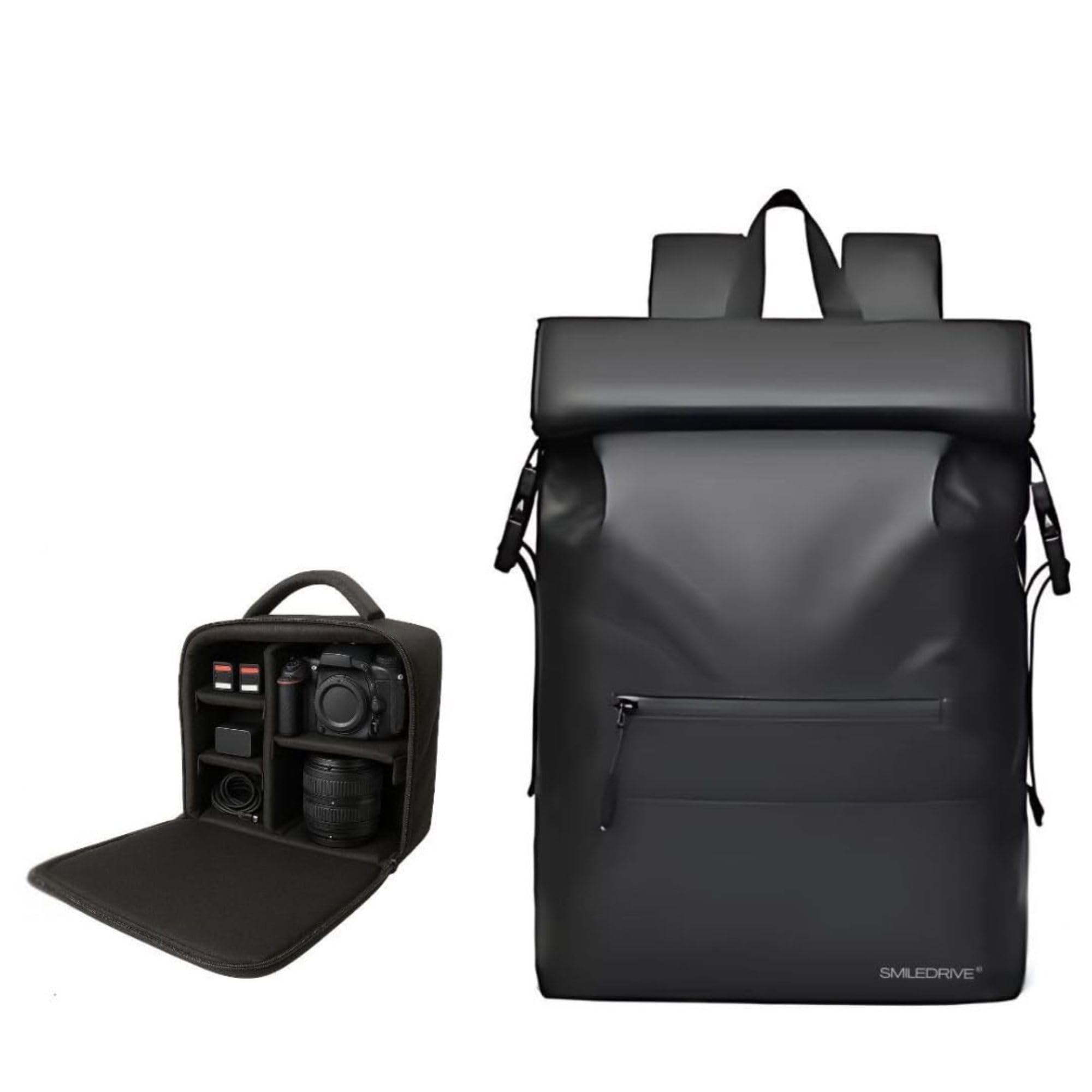Smiledrive Waterproof Laptop Backpack Roll Top Combo With SlideIn Dslr Camera Insert Expandable 2025L Fits 15.6 Laptop + Camer