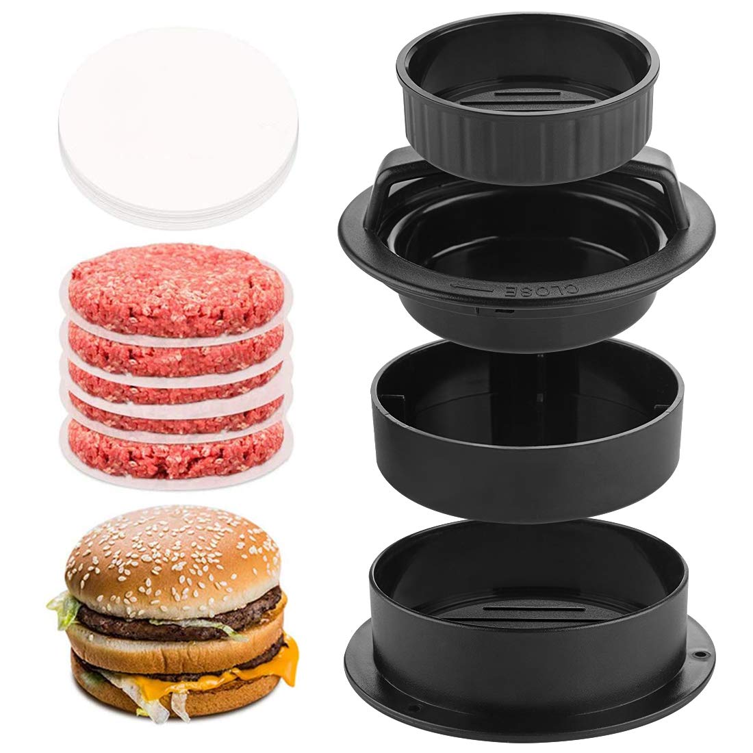 ReignSword Burger Press with Wax Patty Papers, 3-in-1 Non-Stick Hamburger Press Patty Maker, Different Sizes Hamburger Patty Pre