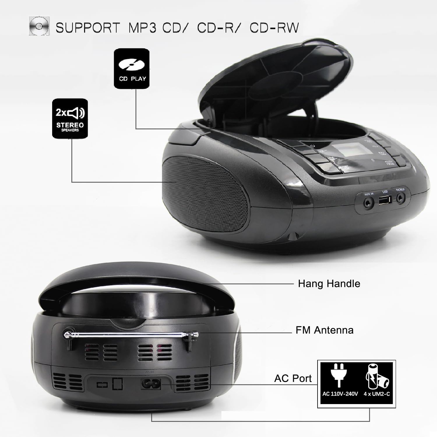 Lonpoo Portable Boombox   Cd Player, Bluetooth, Usb, Mp3, Aux, Fm Radio, Portable, Built In Stereo Speakers, Carrying Handle, Lc