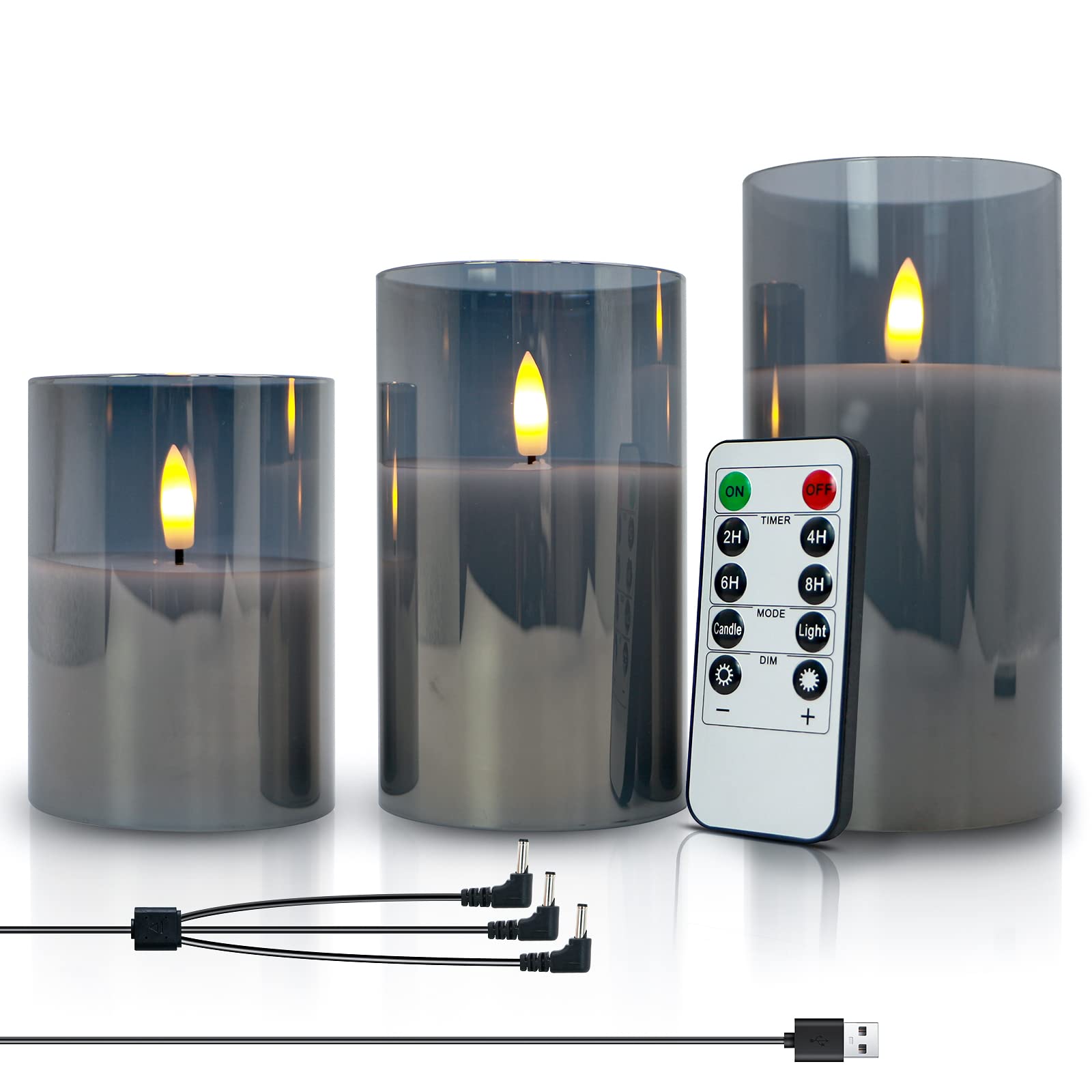 Rechargeable LED Flameless Candles Flickering with Timer & Remote Control, Built-in Battery LED Candles, Gray Glass Candles Gift