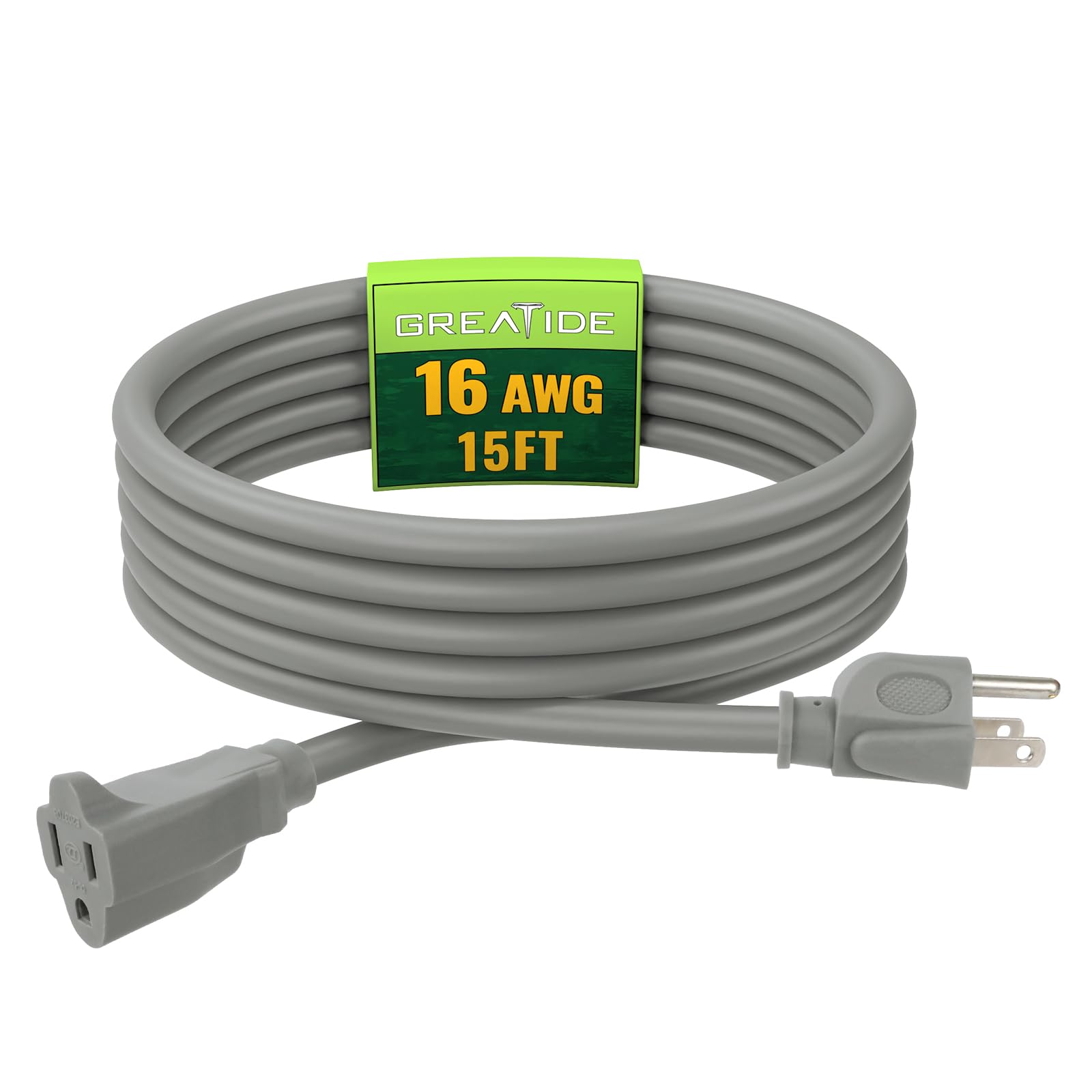 Greatide Indoor Outdoor Extension Cord 15 Ft, 16/3 Sjtw Weatherproof Grey Electrical Cords, 13 Amp Heavy Duty 3 Prong Power Cabl