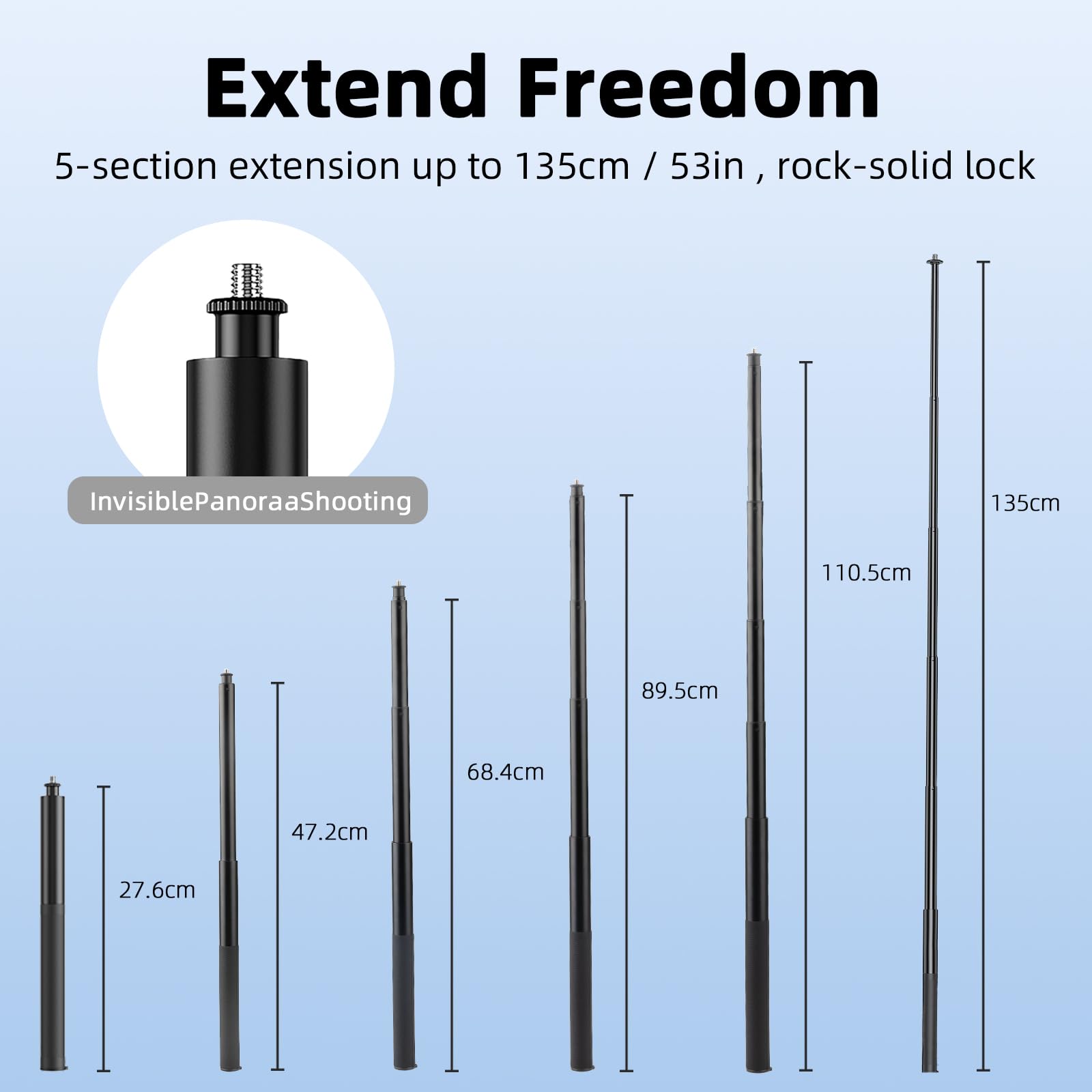 Brdrc 53'' Invisible Selfie Stick For Insta360 X5 X4, Extended Monopod Pole Heavy Duty Solid Compact For Insta 360 X5 X4 X3 X2 X